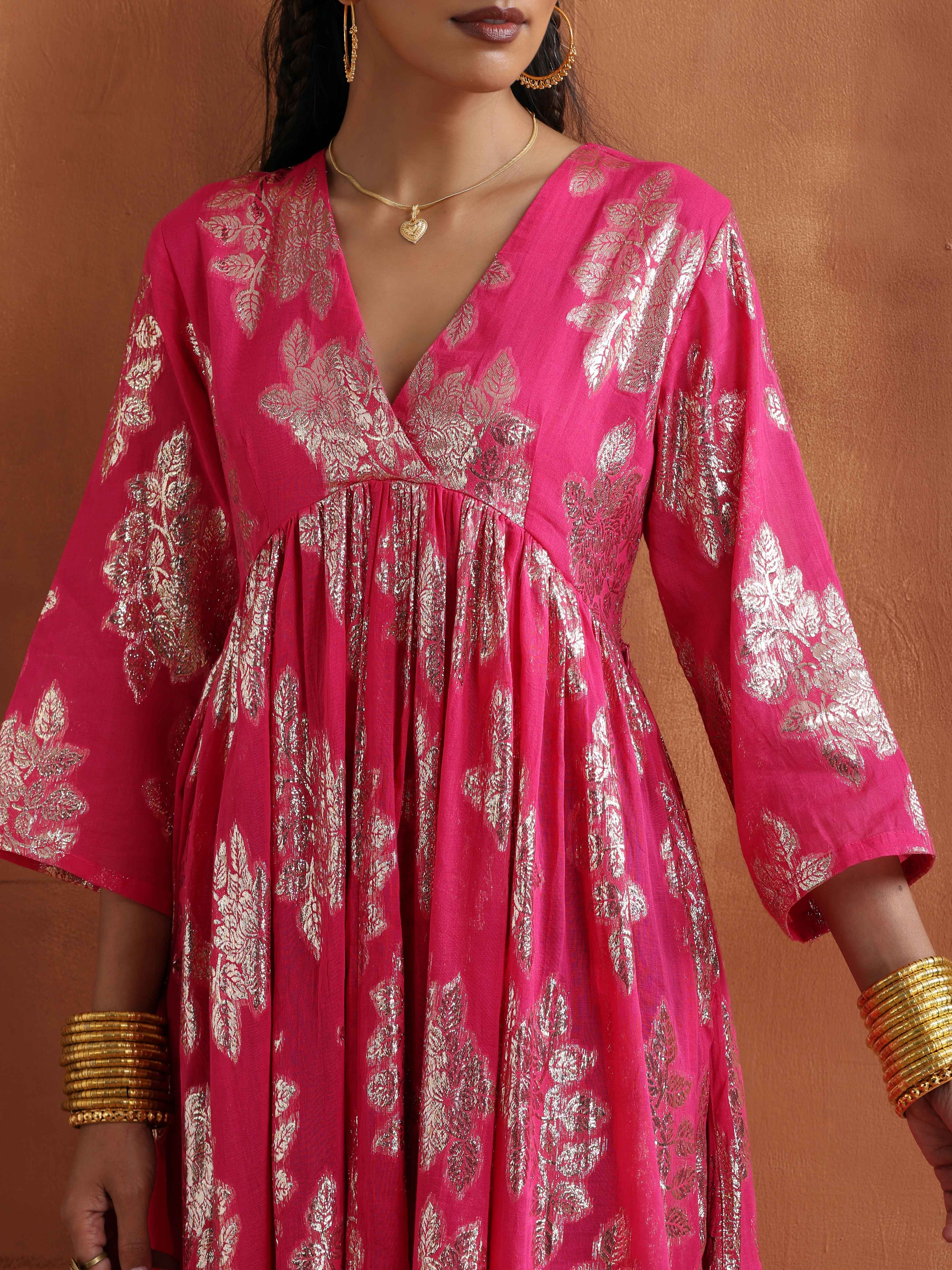 trueBrowns Pink Metallic Flared Anarkali Kurta Set - Distacart