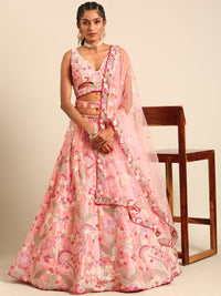 Thumbnail for House of Panchhi Pink Organza Sequins And Zarkan Embroidery Lehenga Choli & Dupatta - Distacart