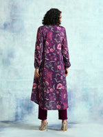Thumbnail for trueBrowns Wine Printed Velvet Neck Pleat Kurta - Distacart