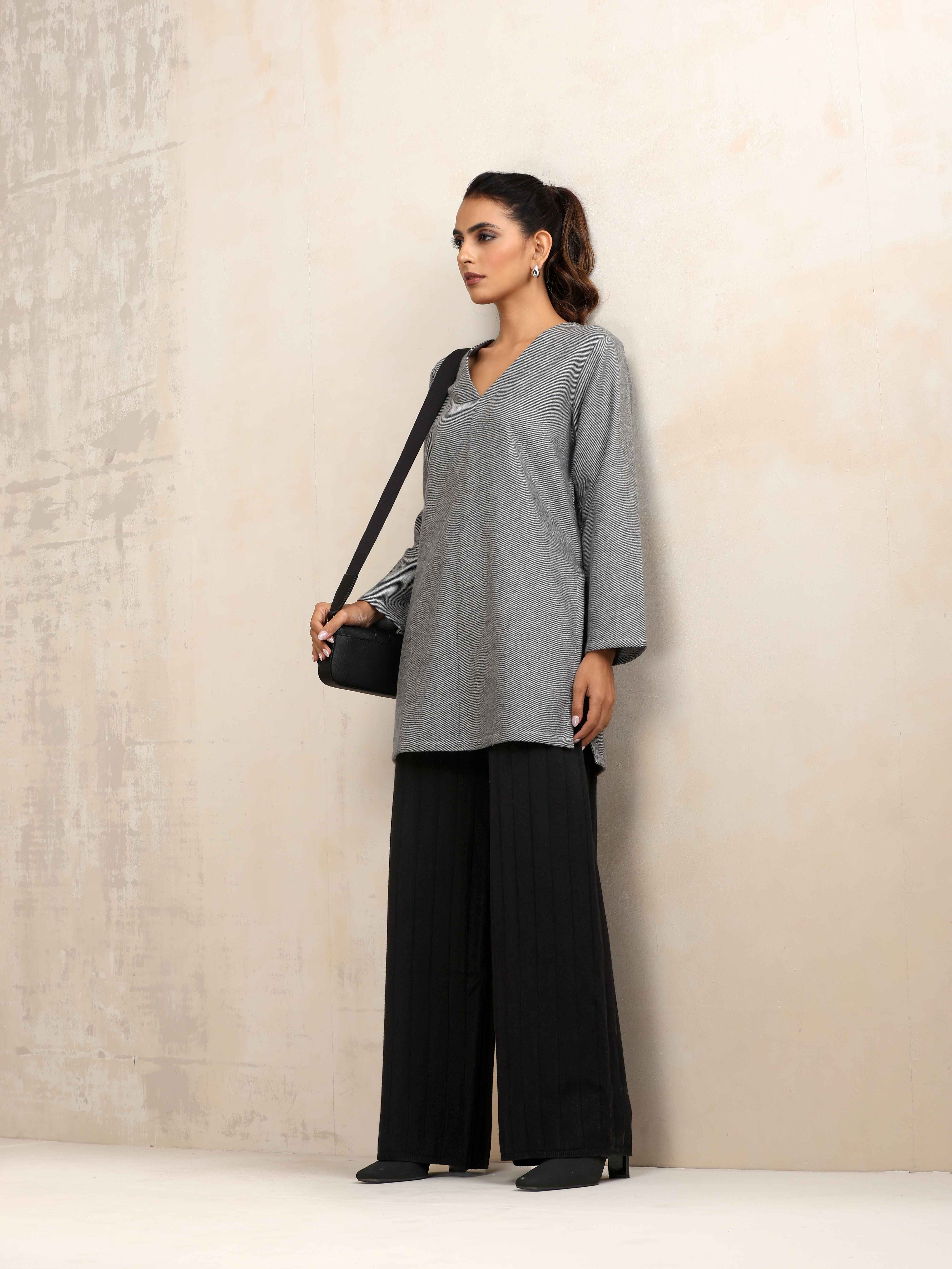 trueBrowns Black Woollen Flared Pants - Distacart