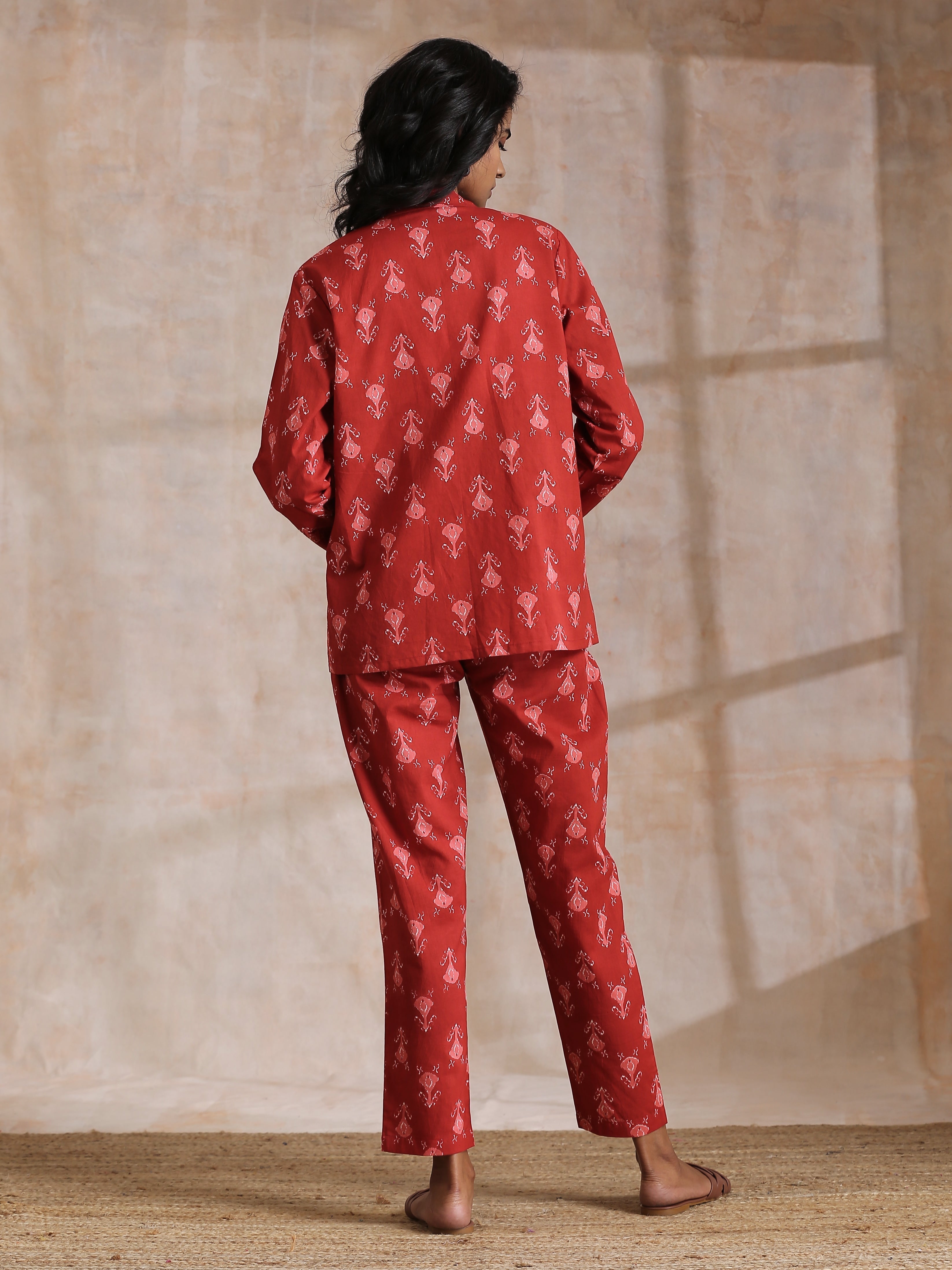 trueBrowns Red On Red Ikat Print Cotton Pant Suit Set - Distacart