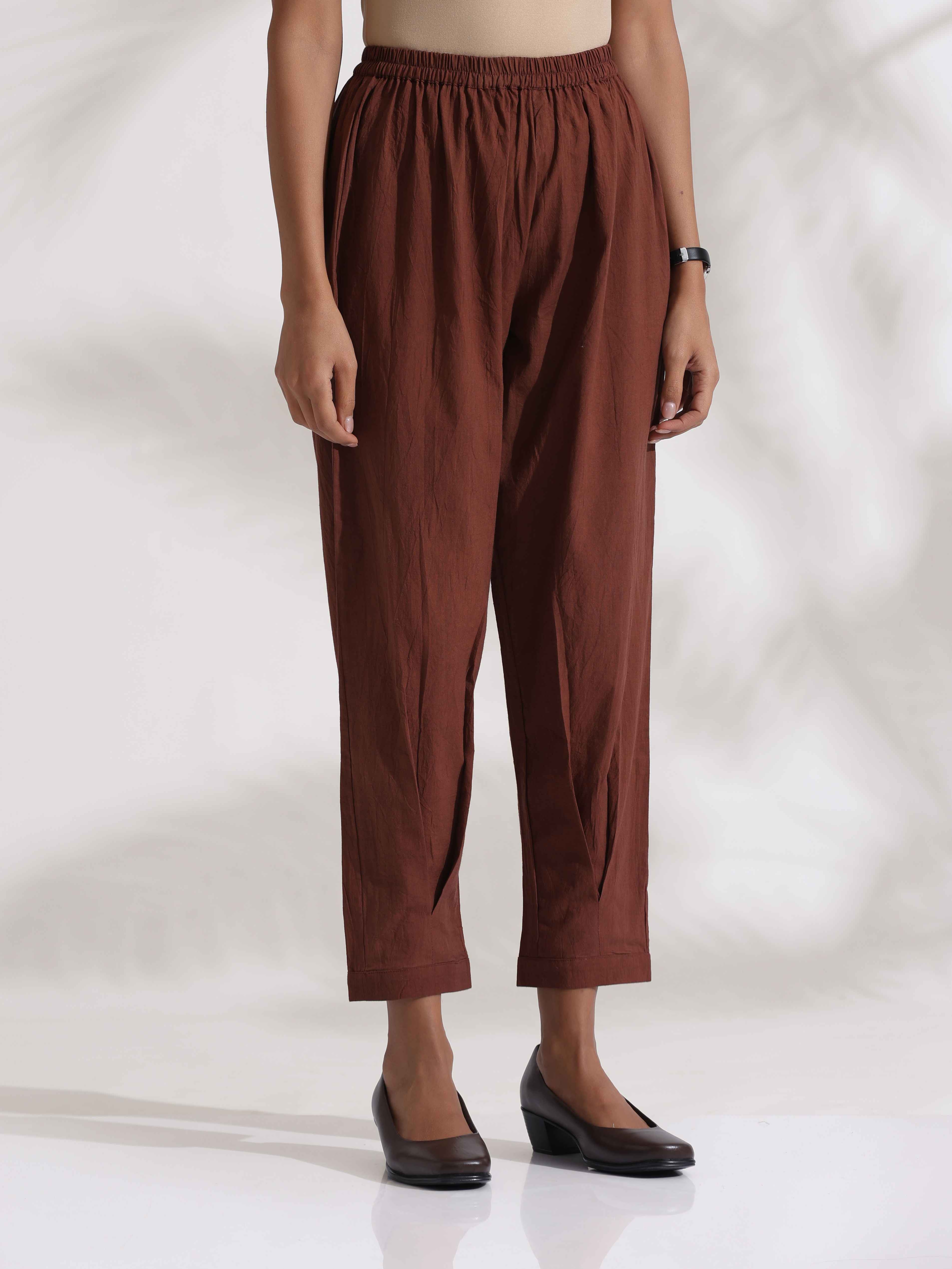 trueBrowns Brown Cotton Print Pleated Top & Pants Co-ord Set - Distacart