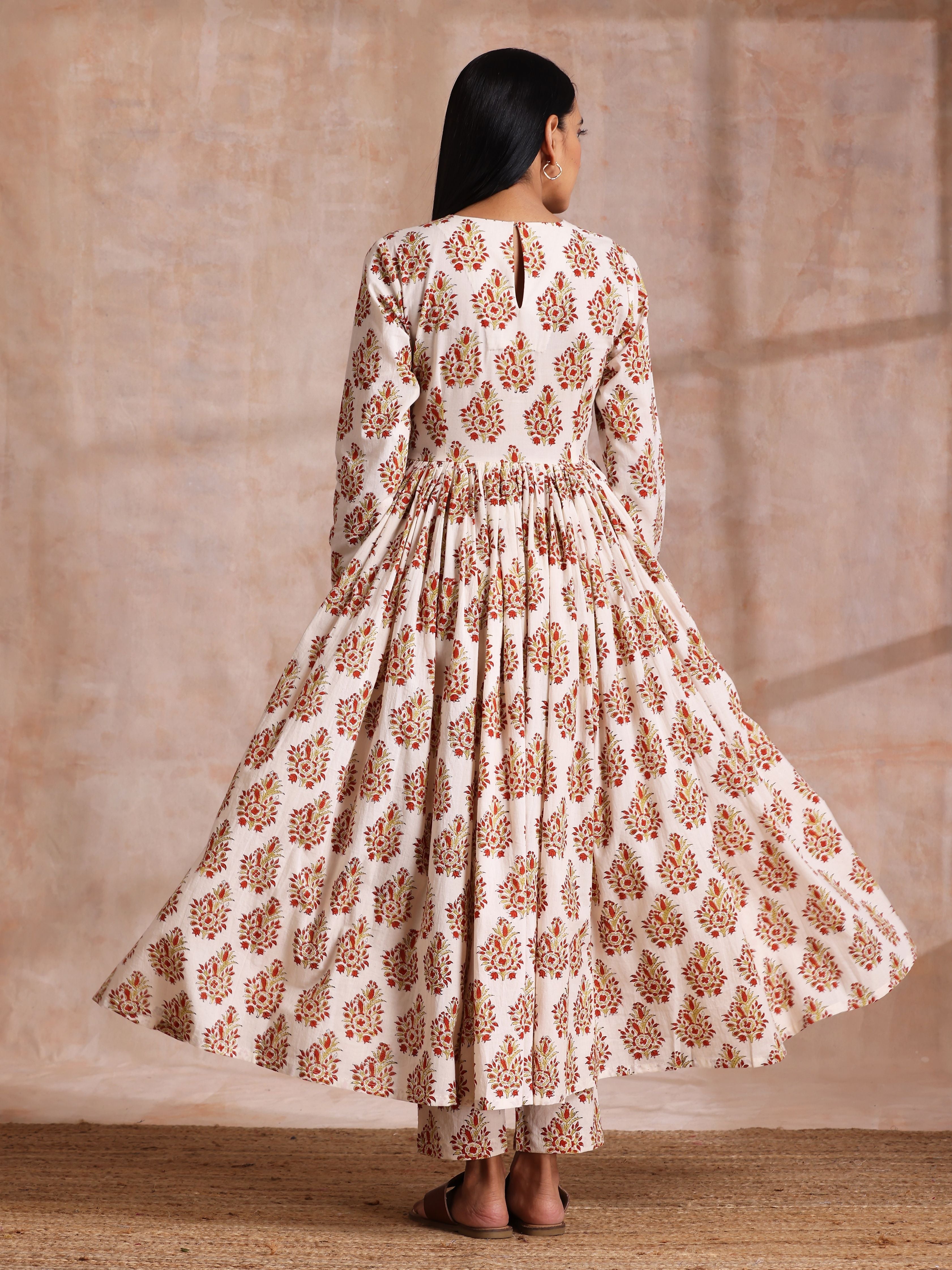 trueBrowns White With Red Yellow Buta Block Print Cotton Kurta Pant Dupatta Set - Distacart