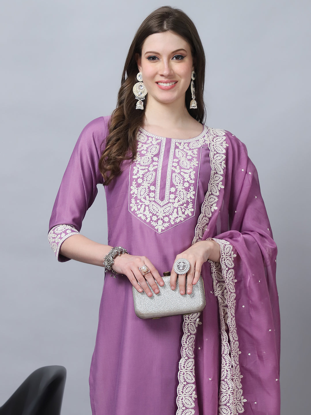 Indian Fashion Women Pink Embroidery silk Kurta, Pant And Dupatta Set