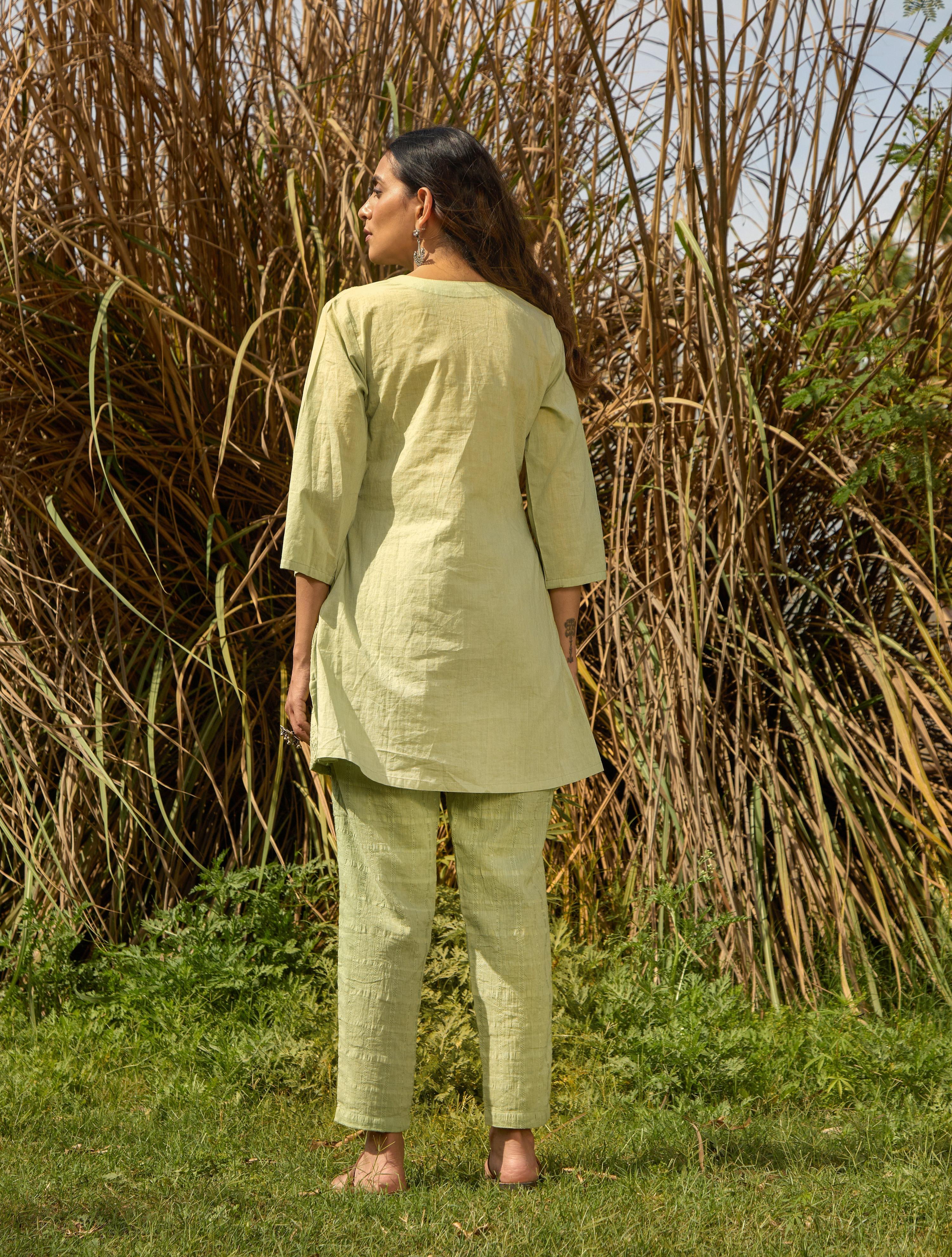 trueBrowns Green Cotton Embroidered Co-ord Set - Distacart