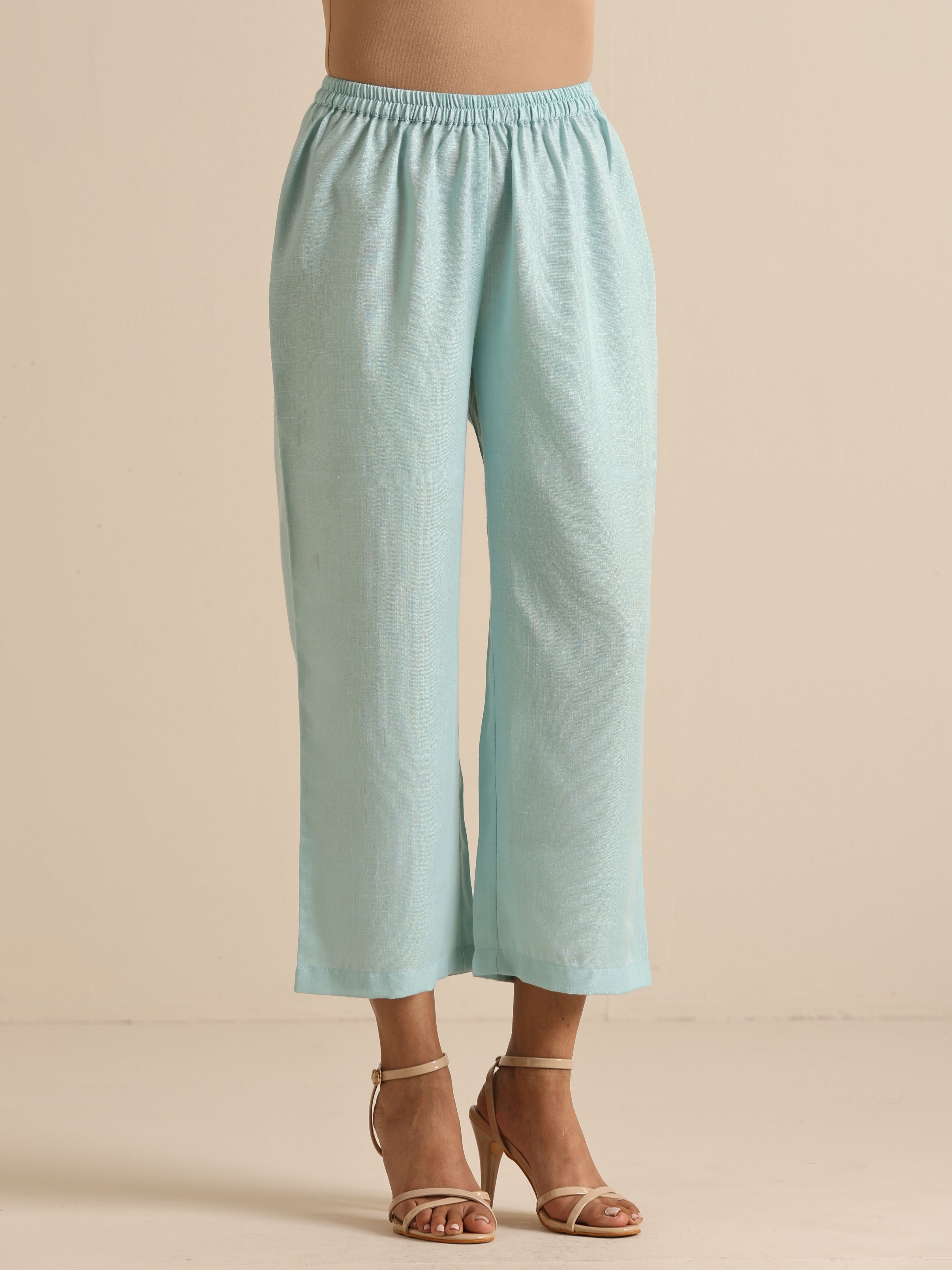 trueBrowns Sky Blue Slub Sleeveless Flared Kurta Pant Set - Distacart