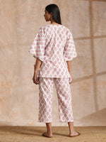 Thumbnail for trueBrowns Pink Buta On White Block Print Cotton Kaftan Co-Ord Set - Distacart