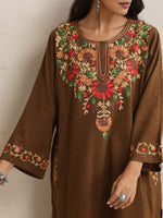 Thumbnail for trueBrowns Brown Kashmiri Floral Embroidered Woollen Phiran Kurta - Distacart
