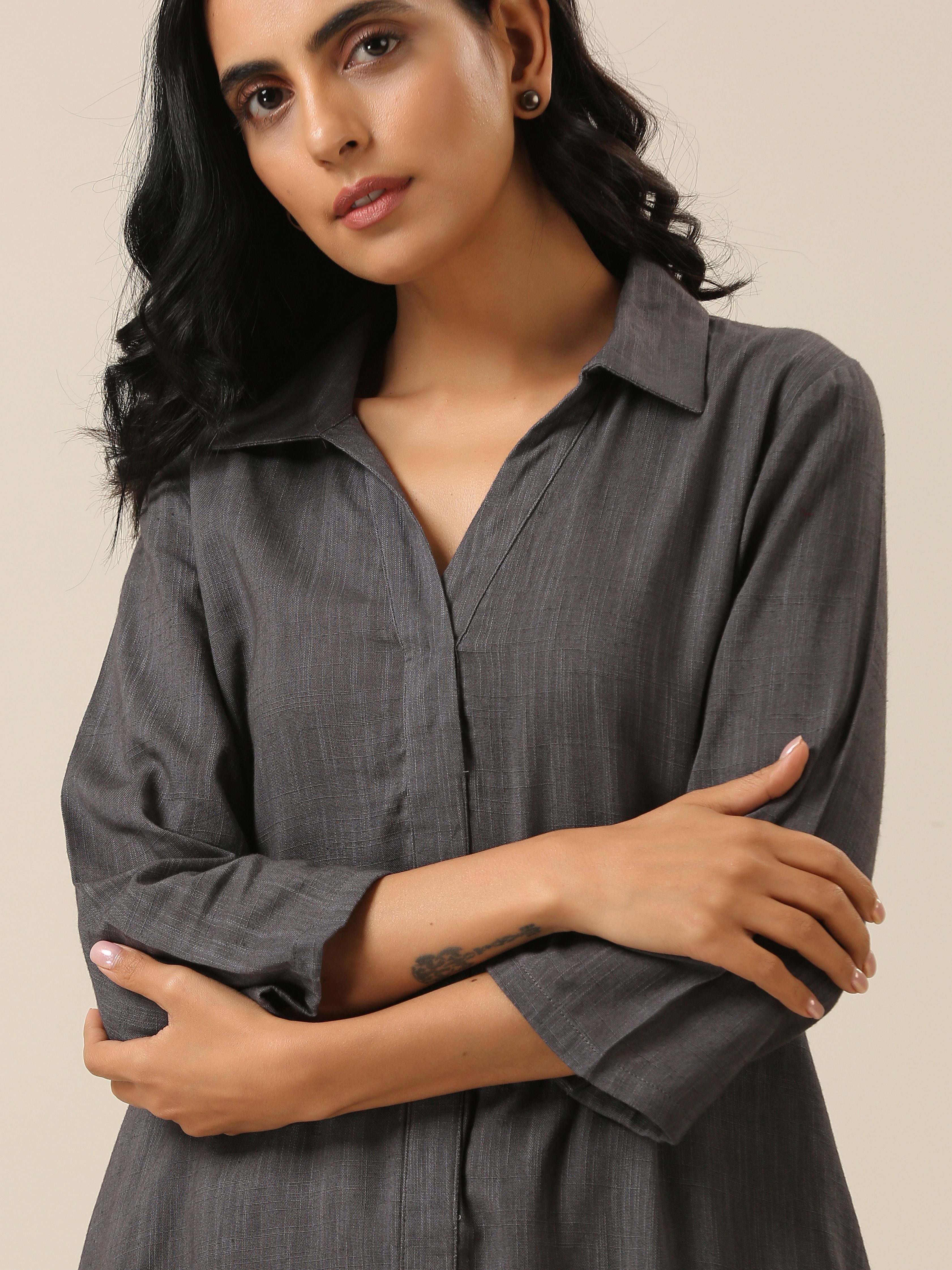 trueBrowns Slate Grey Slub Texture Collar Short Co-Ord Set - Distacart