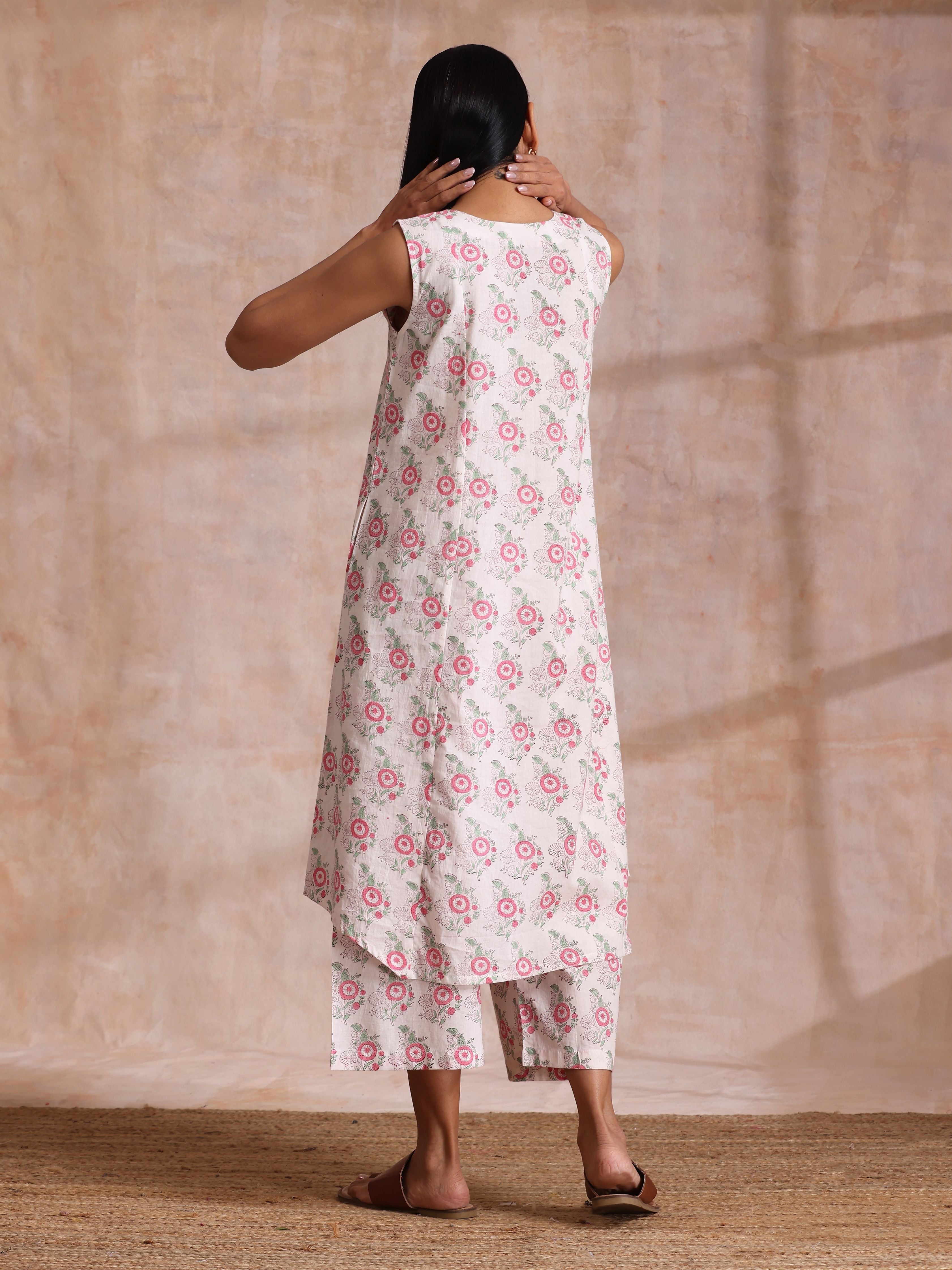 trueBrowns Pink Green Buta On White Block Print Cotton High-Low Co-Ord Set - Distacart