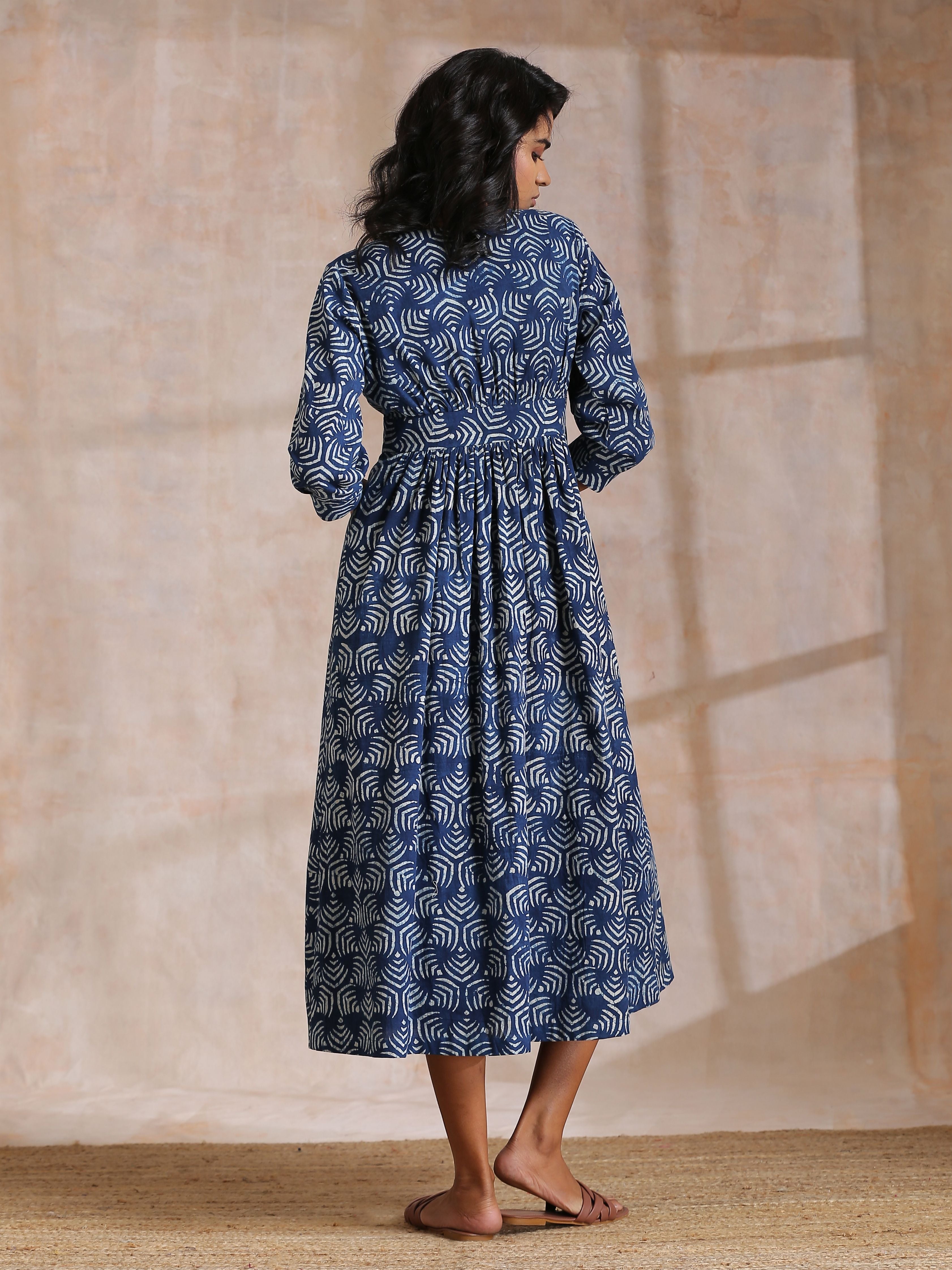 trueBrowns Indigo Dabu Overall Print Cotton Wrap Dress - Distacart