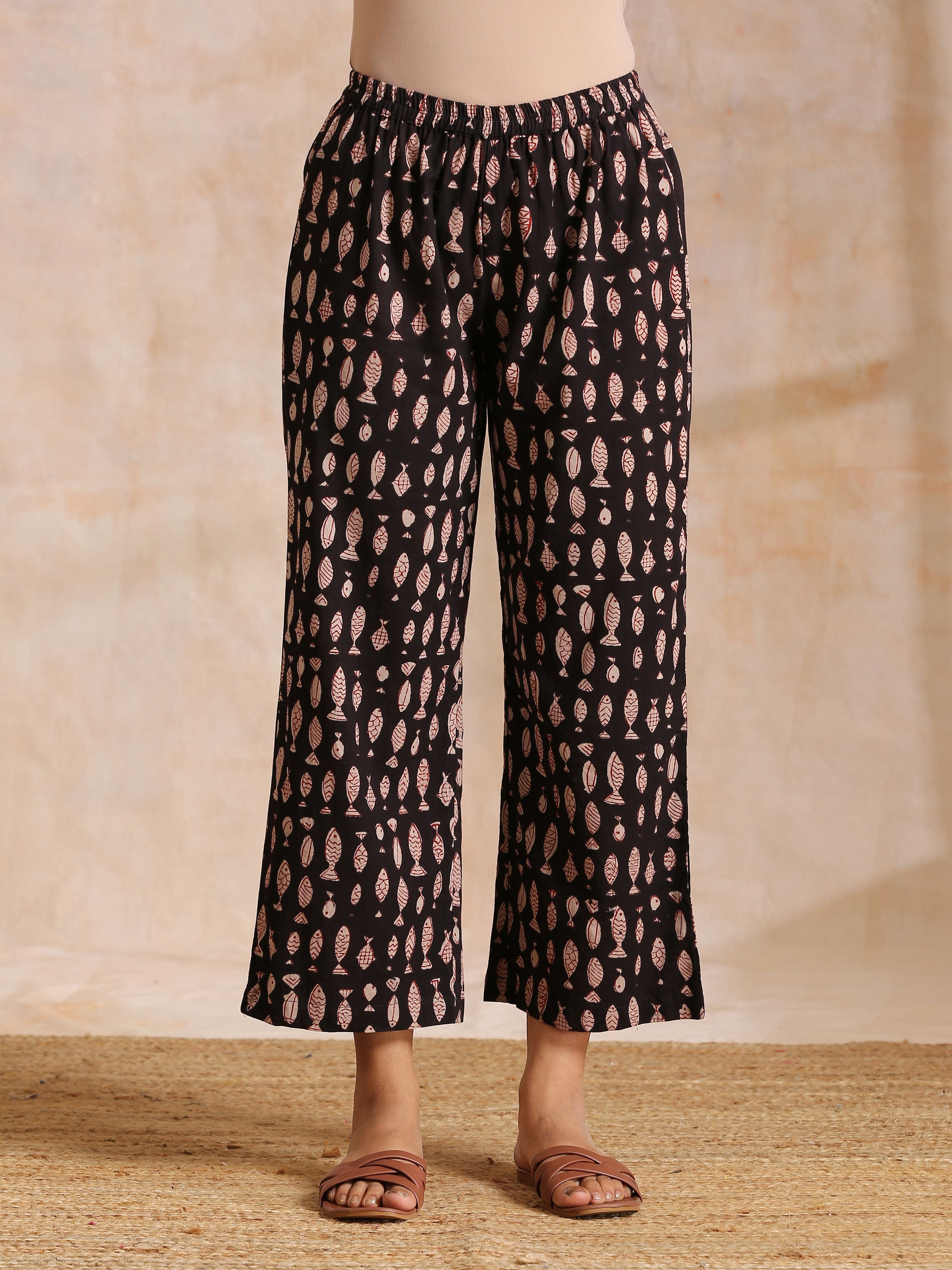 trueBrowns Black Fish Bagru Print Cotton Angrakha Pant Set - Distacart