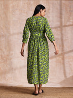 Thumbnail for trueBrowns Lime Green Overall Blue Floral Block Print Cotton Wrap Dress - Distacart