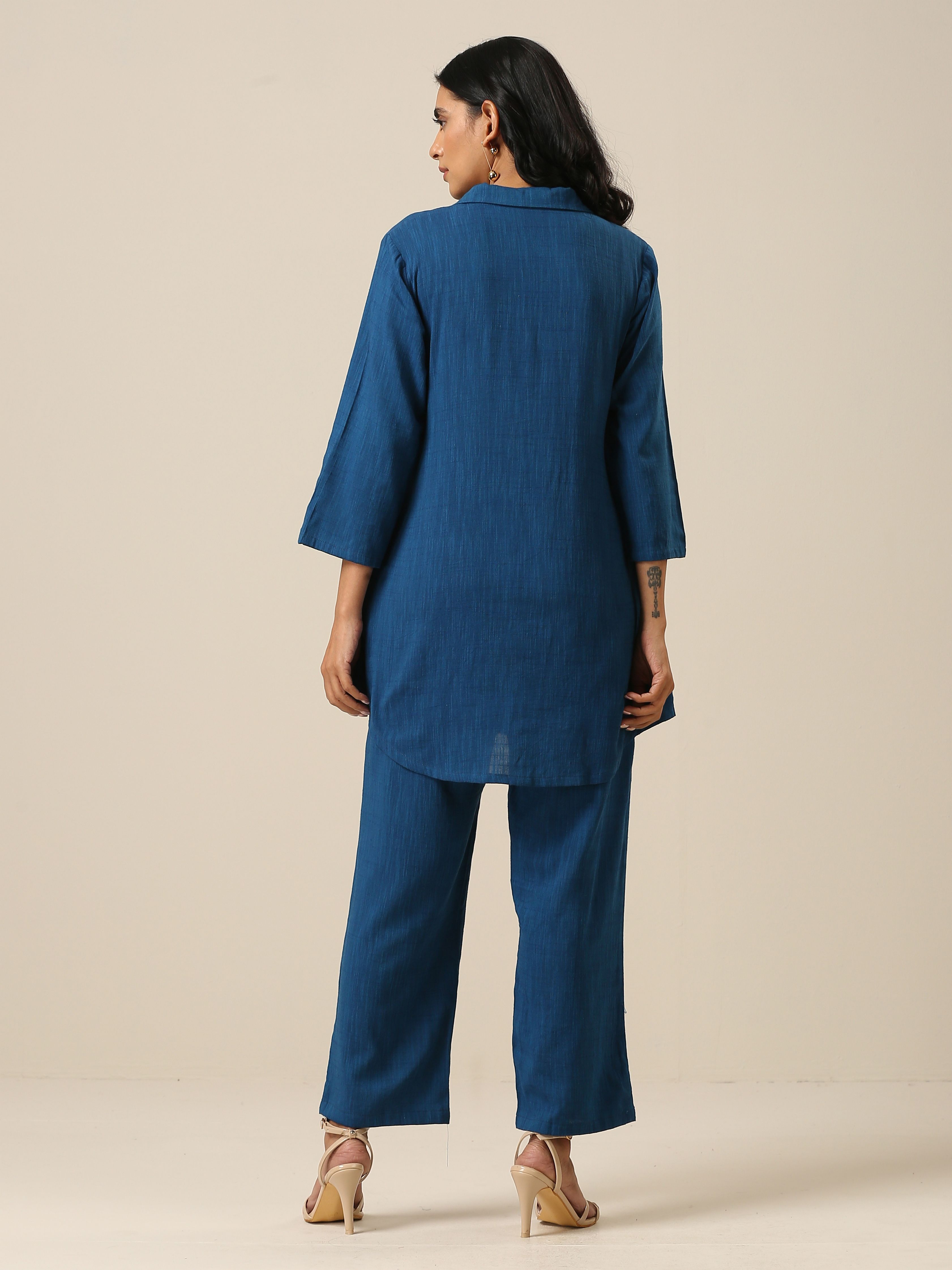 trueBrowns Classic Blue Slub Texture Collar Short Co-Ord Set - Distacart