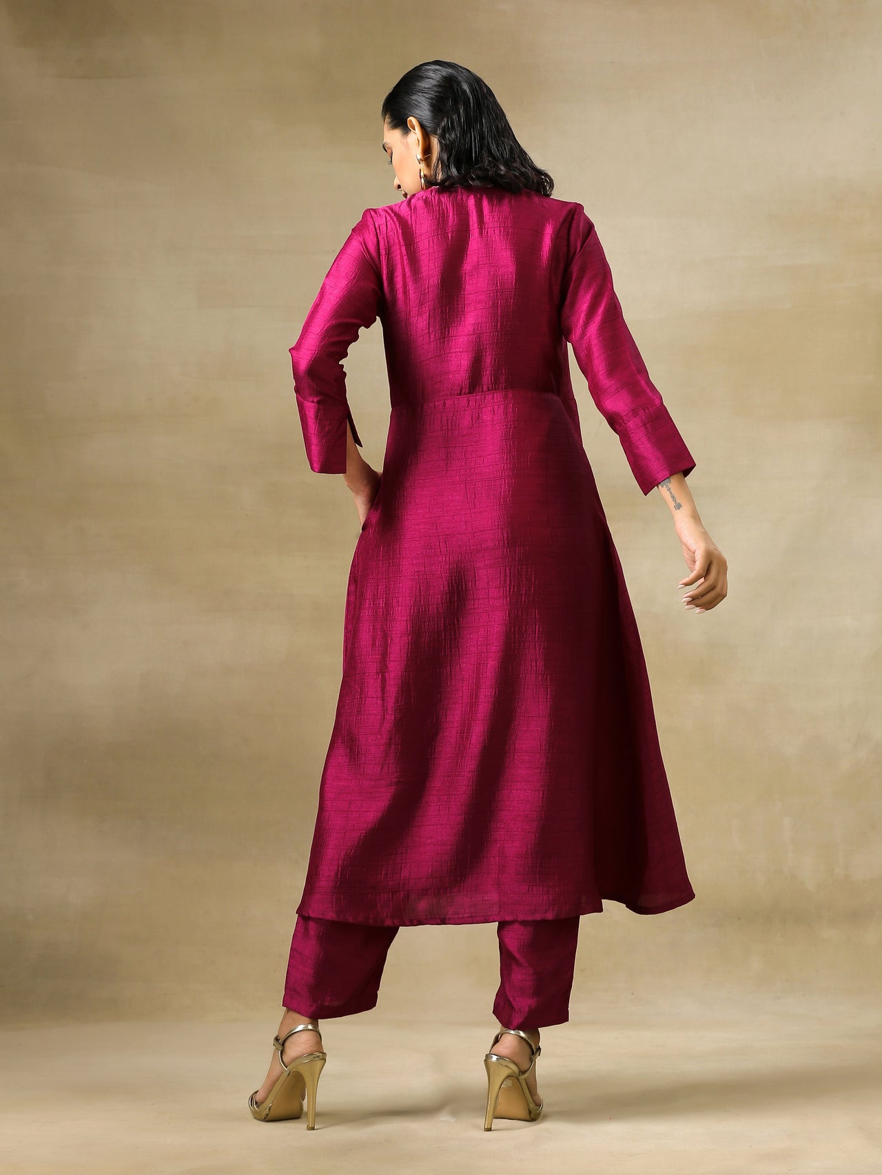trueBrowns Purple Textured Silk Angrakha Kurta Pant Set - Distacart