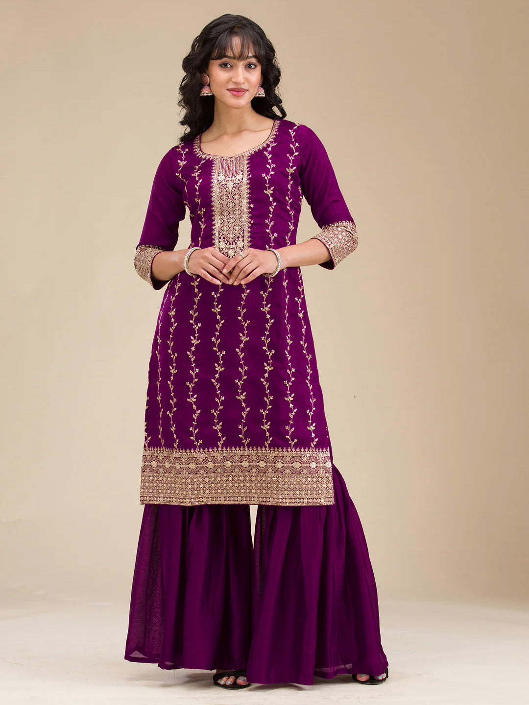 The52 Beautiful Embroidered Vichitra Silk Fabric Straight Kurta, Palazzo and Dupatta Set