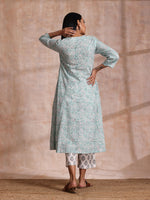 Thumbnail for trueBrowns Tiffany Blue Floral Block Print Cotton Front Neck Gathered Kurta Pant Set - Distacart