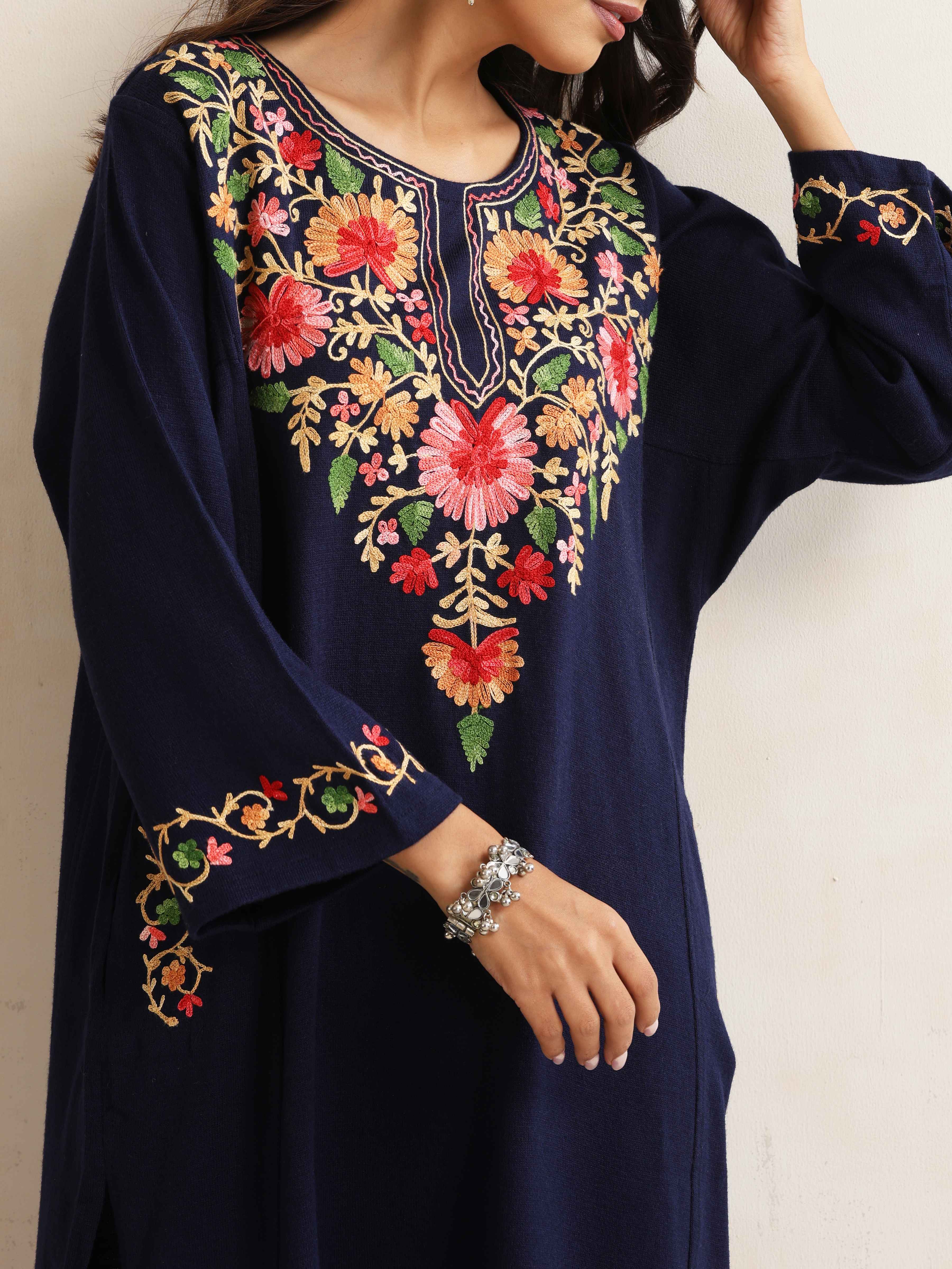 trueBrowns Blue Floral Embroidered Woollen Phiran Kurta - Distacart
