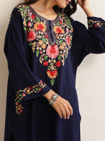 Thumbnail for trueBrowns Blue Floral Embroidered Woollen Phiran Kurta - Distacart