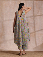 Thumbnail for trueBrowns Grey Overall Floral Block Print Cotton Sleeveless Flared Kurta Pant Set - Distacart