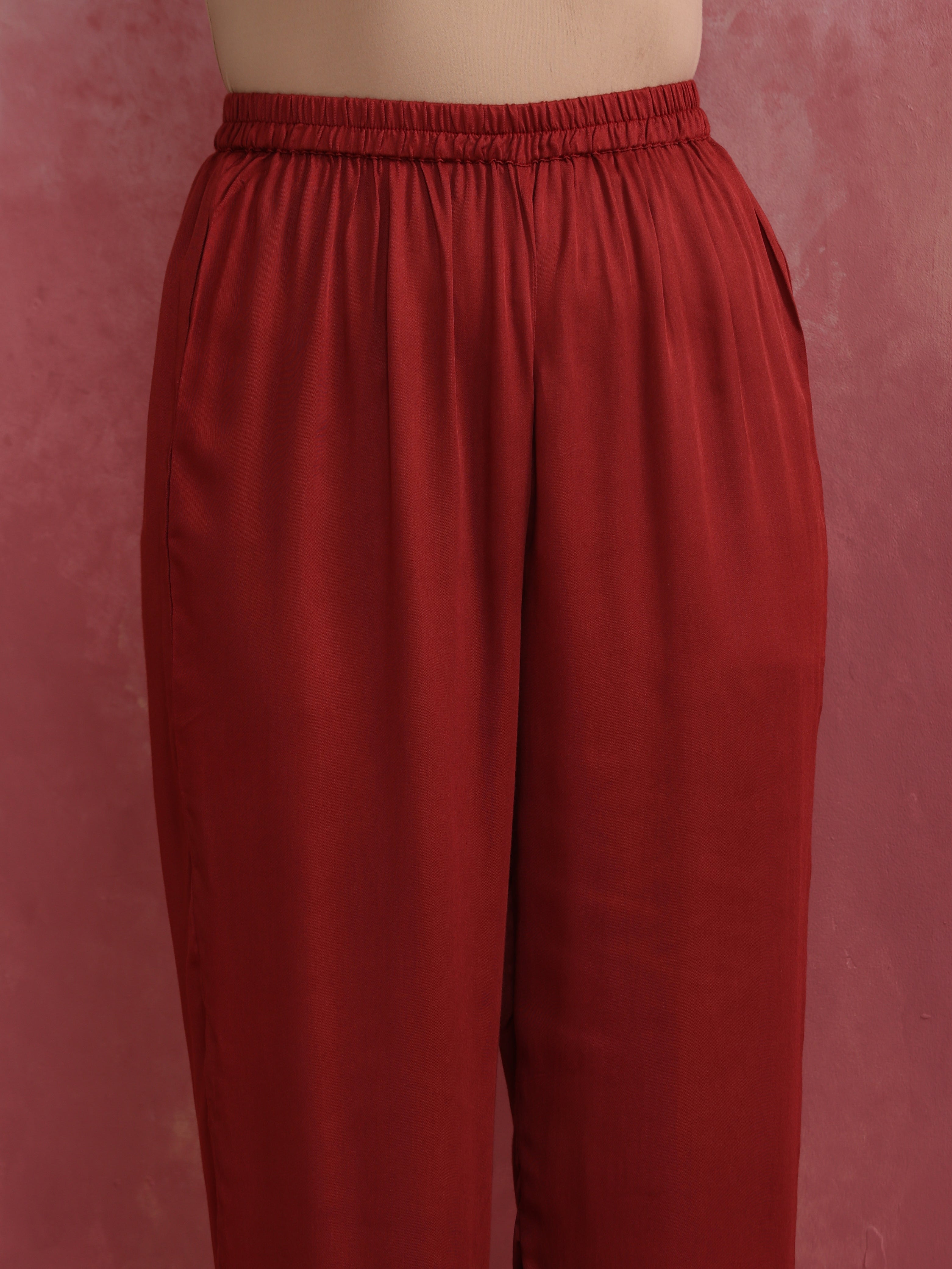 trueBrowns Maroon Modal V Neck Kurta Co-ord Set - Distacart