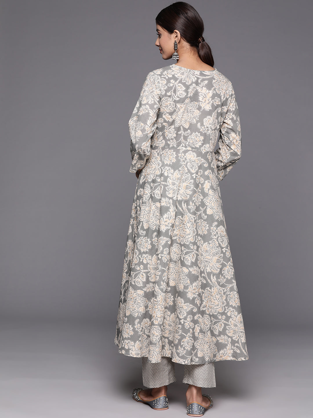 Varanga Women Grey Floral Printed Angrakha Style Anarkali Kurta Paired With Printed Bottom