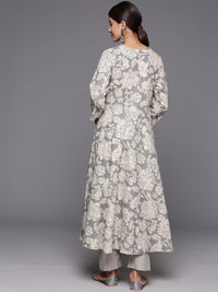 Thumbnail for Varanga Women Grey Floral Printed Angrakha Style Anarkali Kurta Paired With Printed Bottom