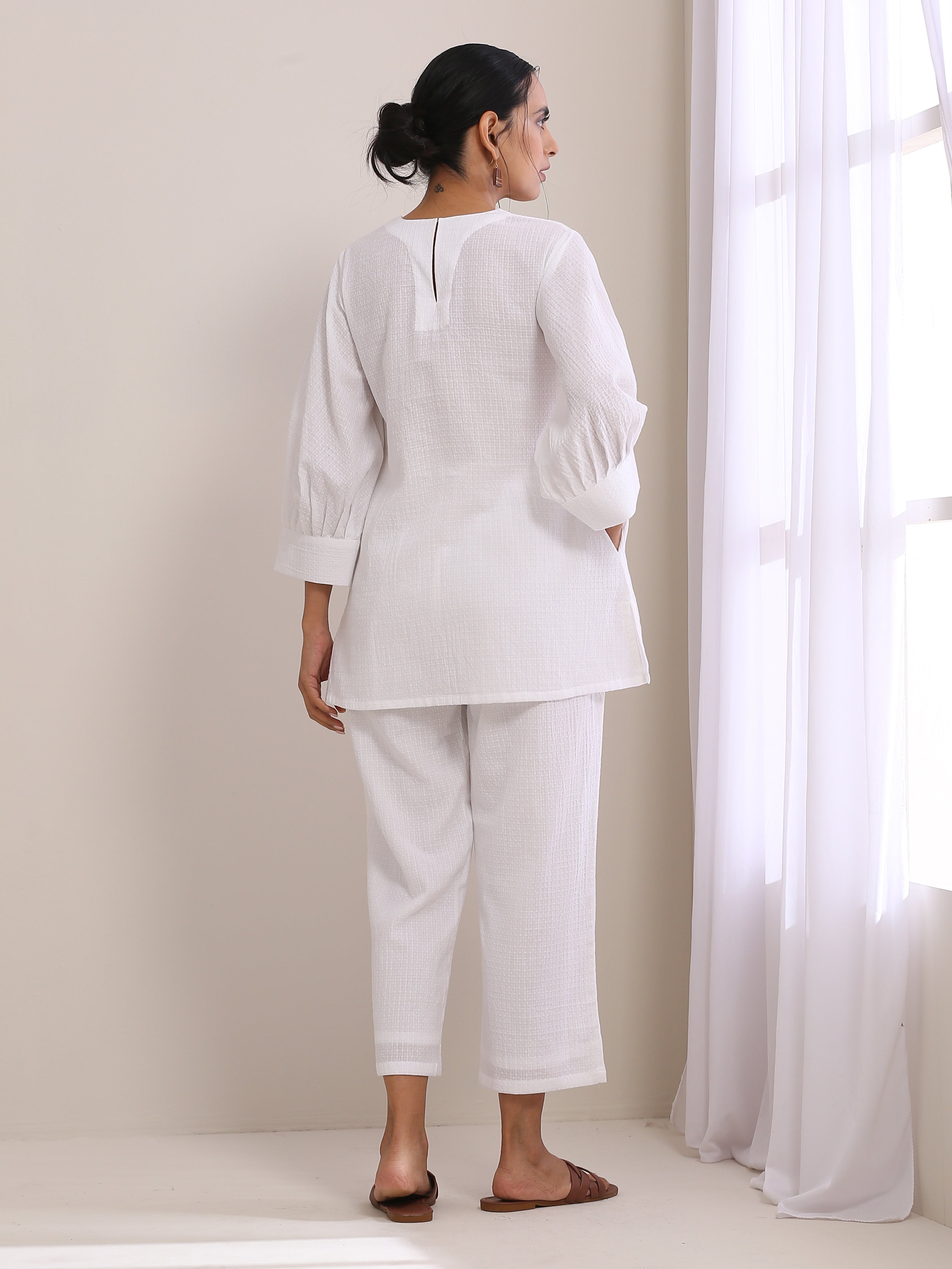 trueBrowns White Dobby Baggy Sleeve Co-Ord Set - Distacart