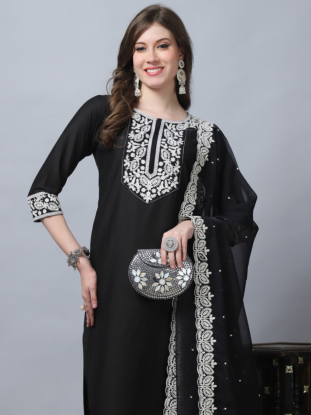 Indian Fashion Women Black Embroidery silk Kurta, Pant And Dupatta Set
