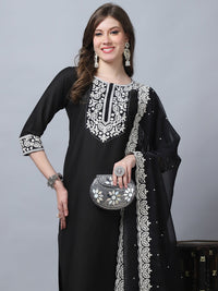 Thumbnail for Indian Fashion Women Black Embroidery silk Kurta, Pant And Dupatta Set
