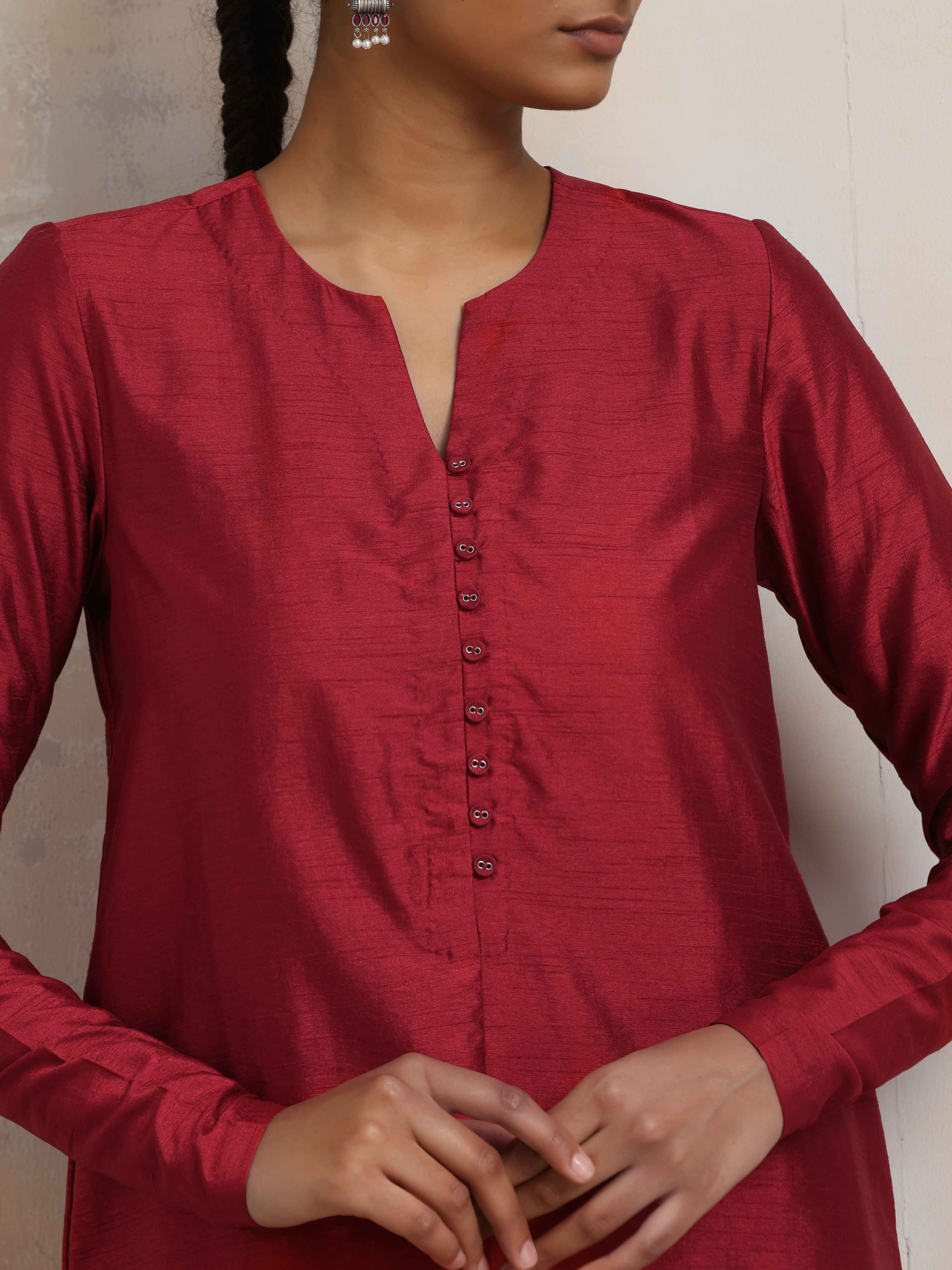 trueBrowns Red Silk Kurta Co-ord Set - Distacart
