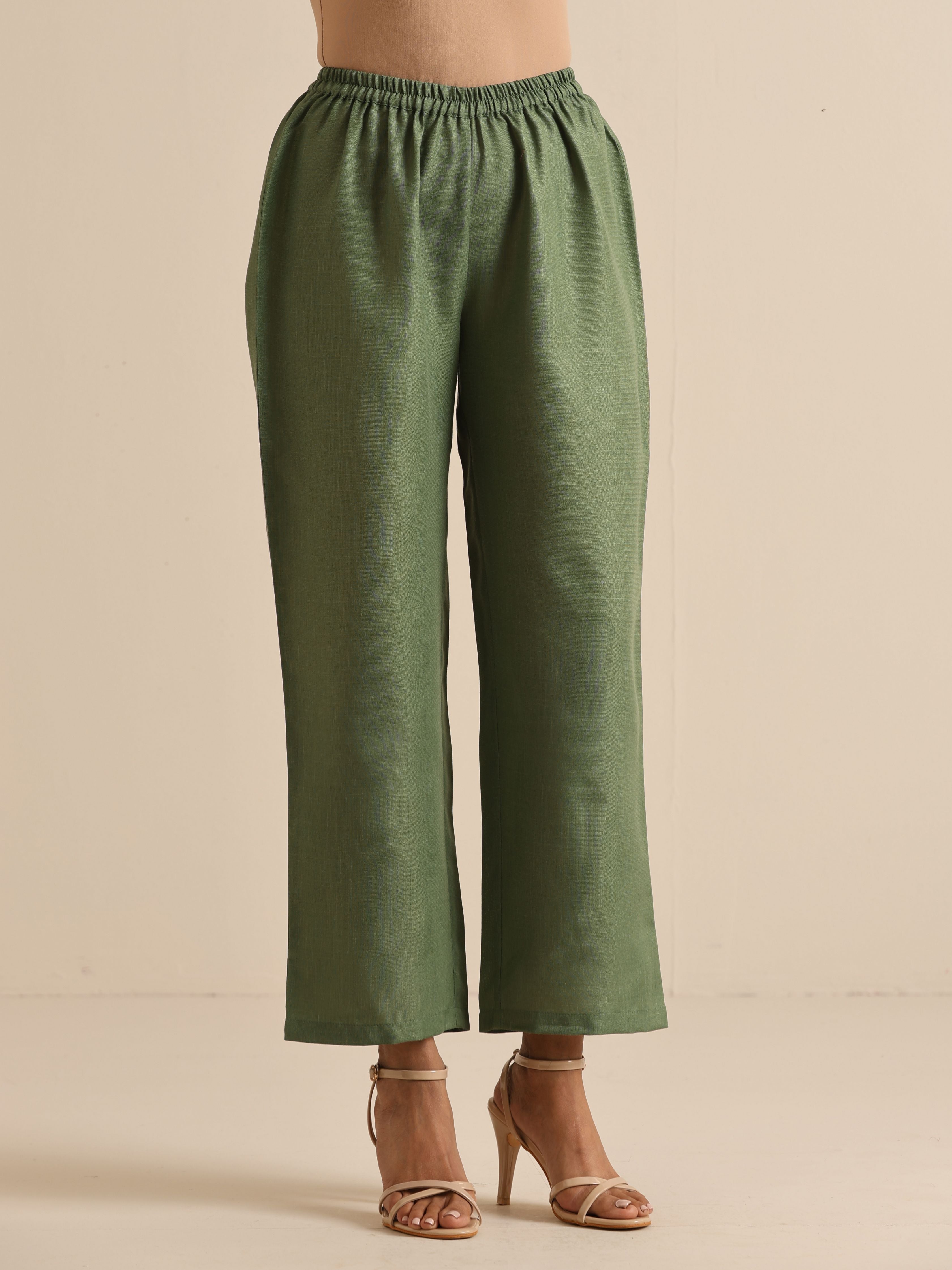 trueBrowns Olive Green Slub Relaxed Placket Co-Ord Set - Distacart