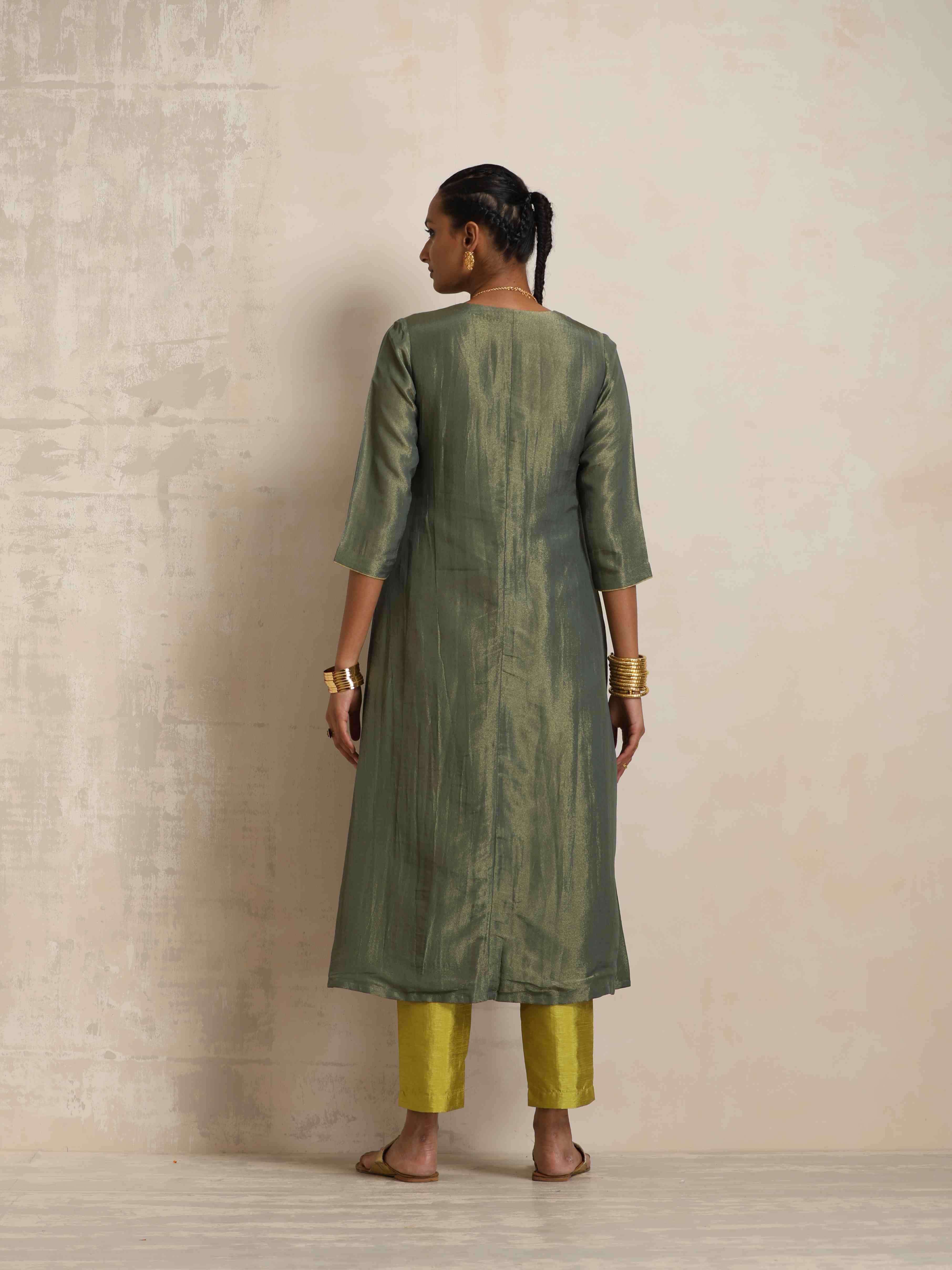 trueBrowns Green Tissue A-line Kurta Set - Distacart