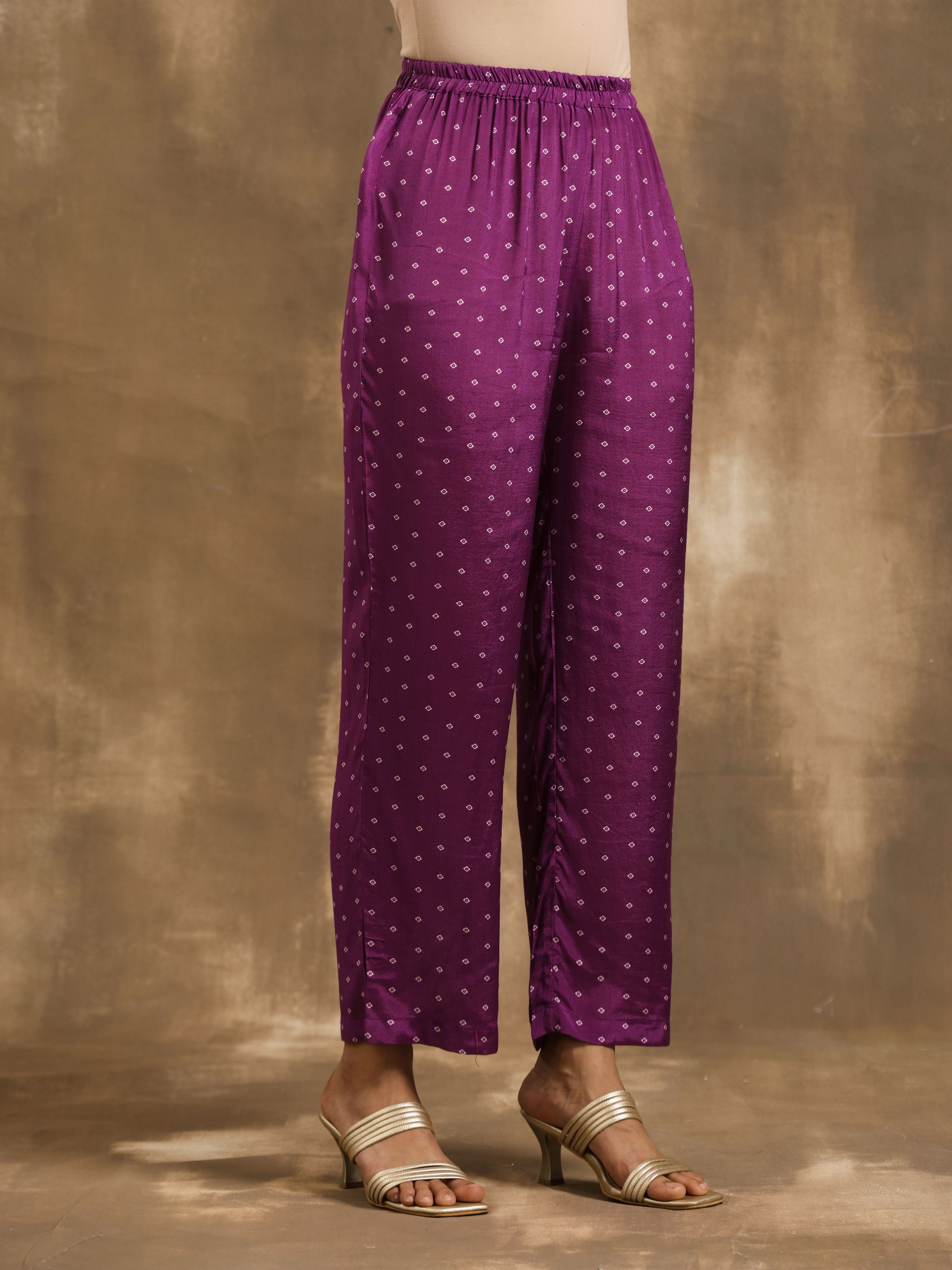 trueBrowns Purple Bandhani Printed Silk Co-Ord Set - Distacart