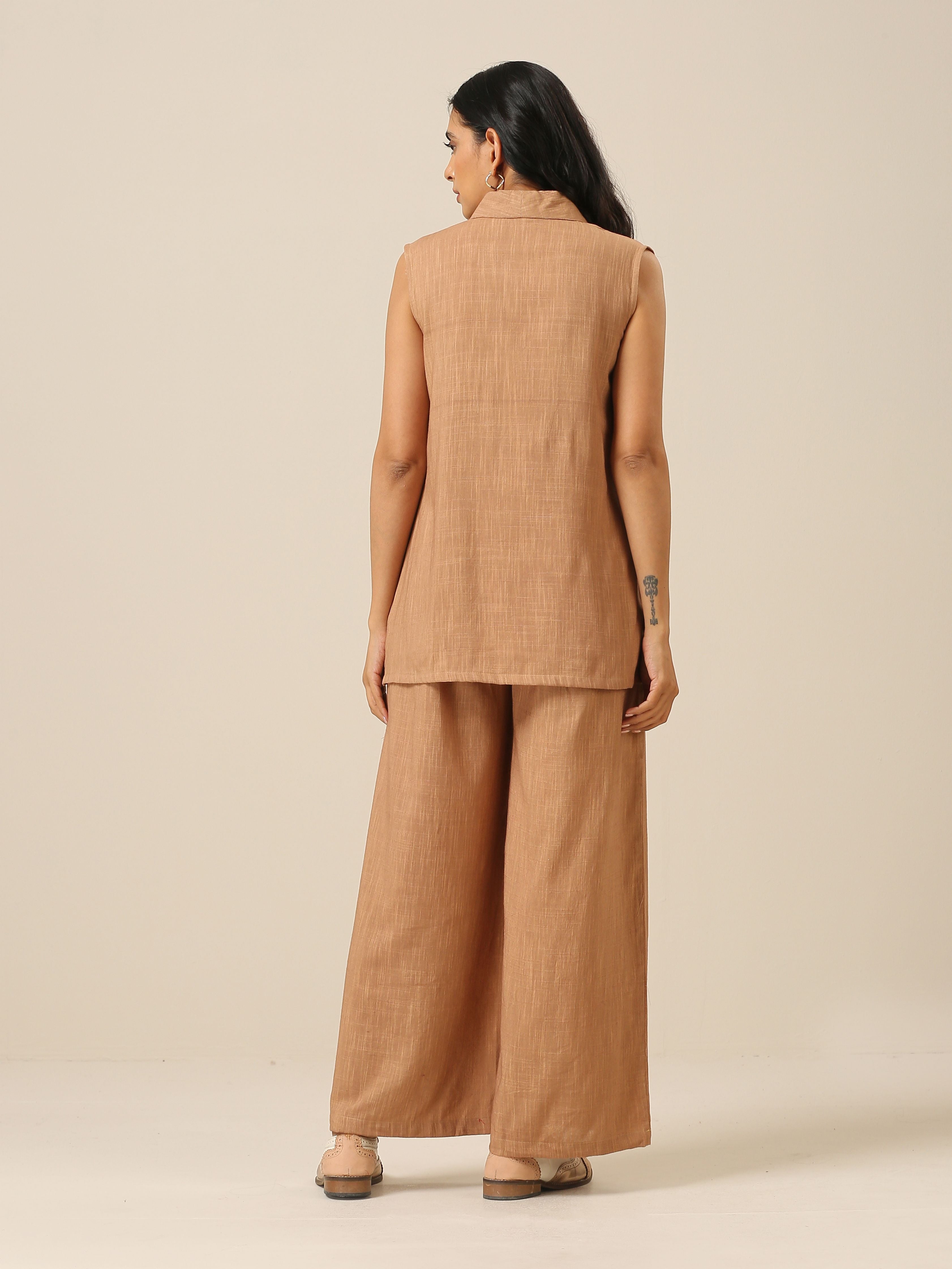 trueBrowns Beige Slub Texture Sleevesless Jacket Pant Set - Distacart