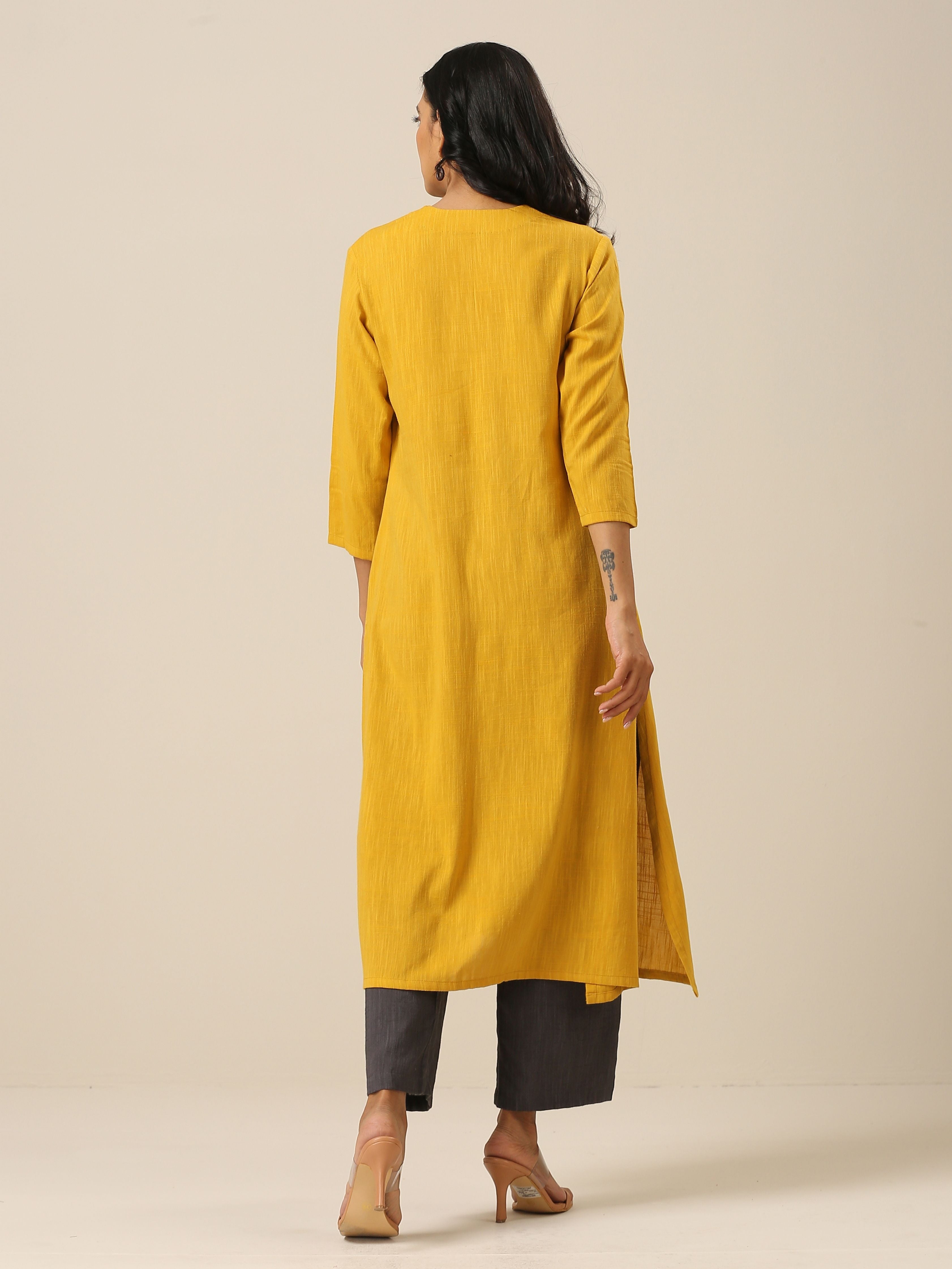 trueBrowns Mustard Yellow Slub Texture Neck Pleat Kurta Pant Set - Distacart