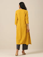 Thumbnail for trueBrowns Mustard Yellow Slub Texture Neck Pleat Kurta Pant Set - Distacart