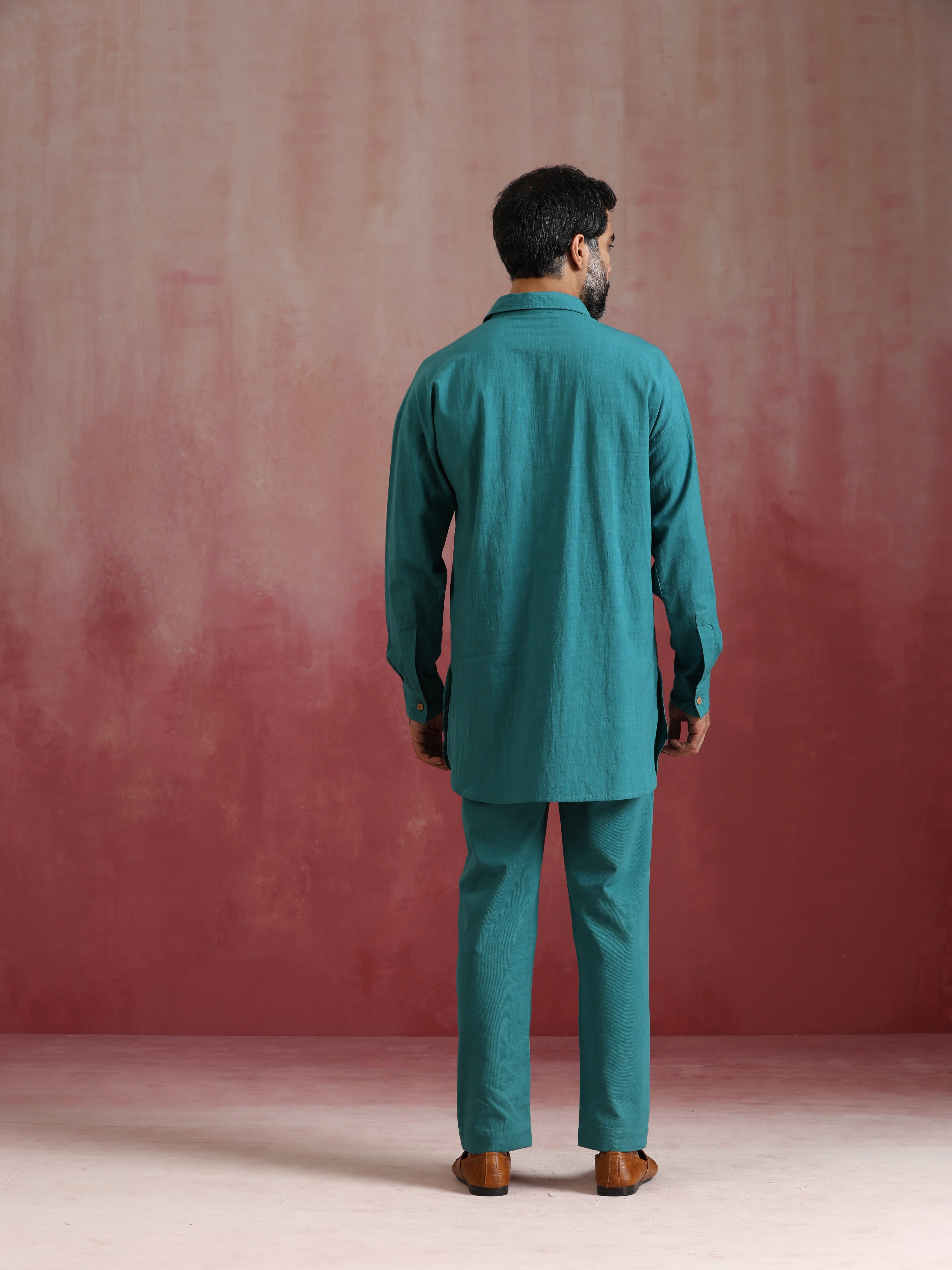 trueBrowns Men's Teal Cotton Shirt Collar Stylized Kurta Co-ord set - Distacart