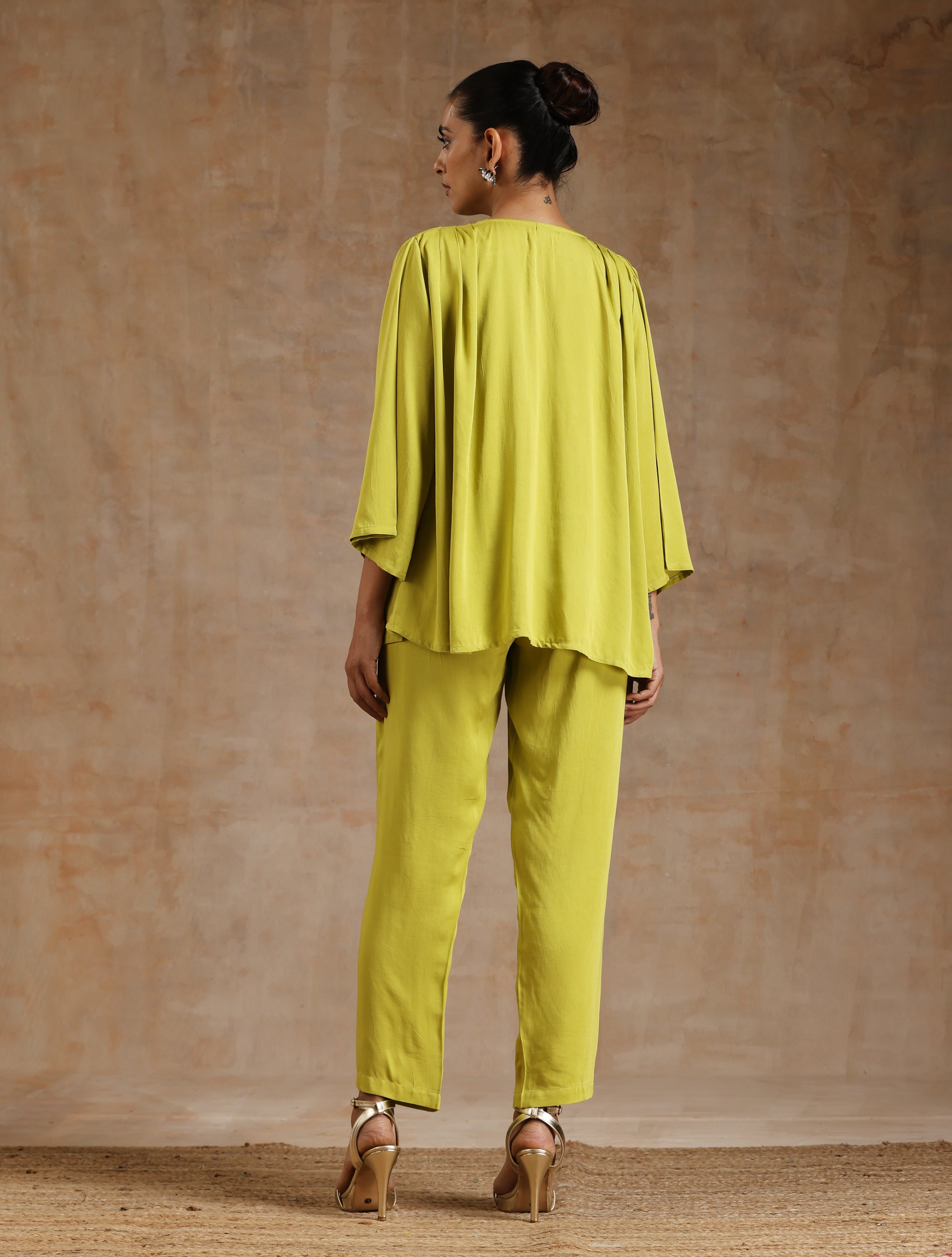 trueBrowns Lime Modal Satin Shoulder Pleat Co-Ord Set - Distacart