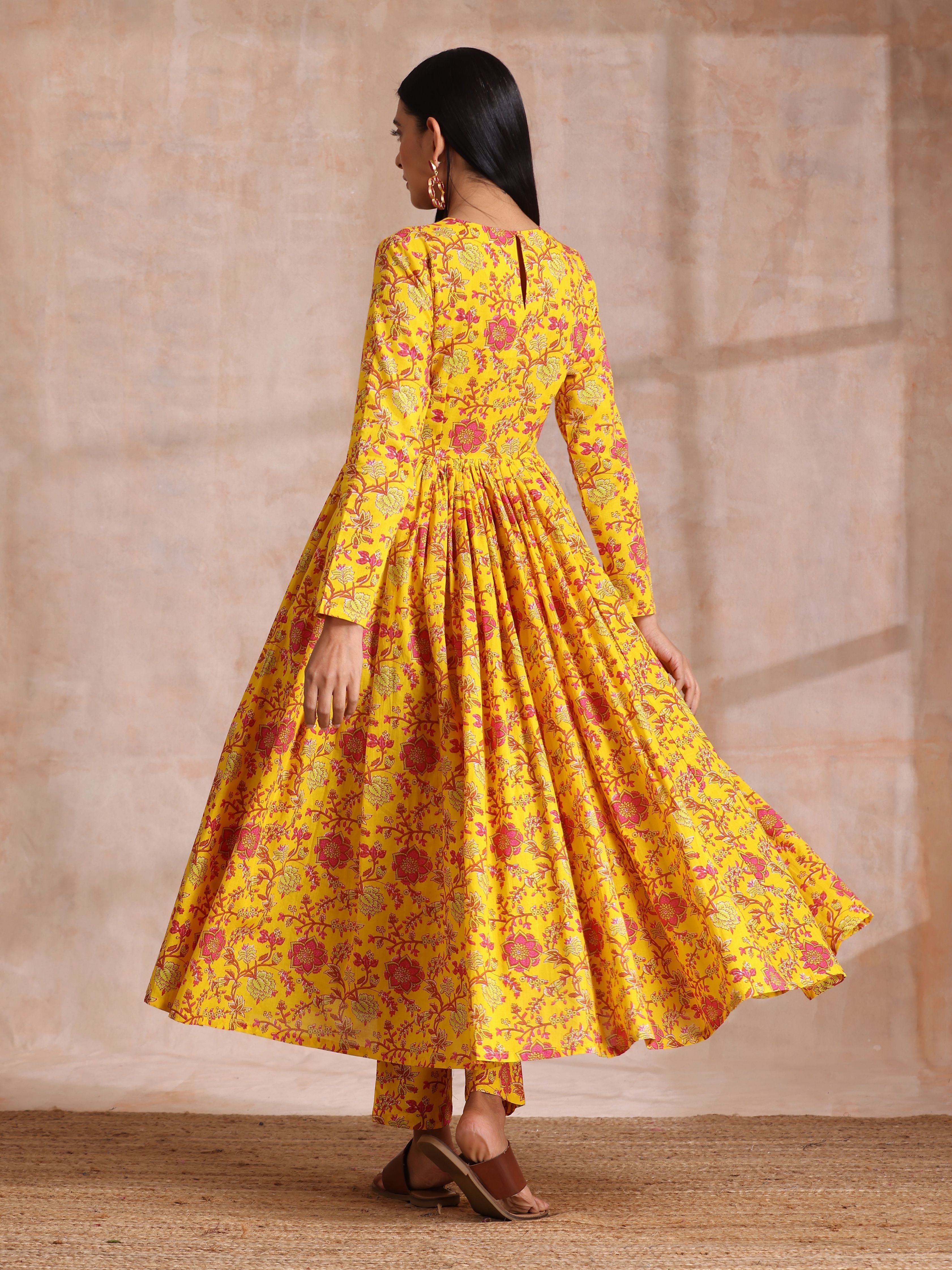 trueBrowns Sunshine Yellow Overall Floral Block Print Cotton Kurta Pant Dupatta Set - Distacart