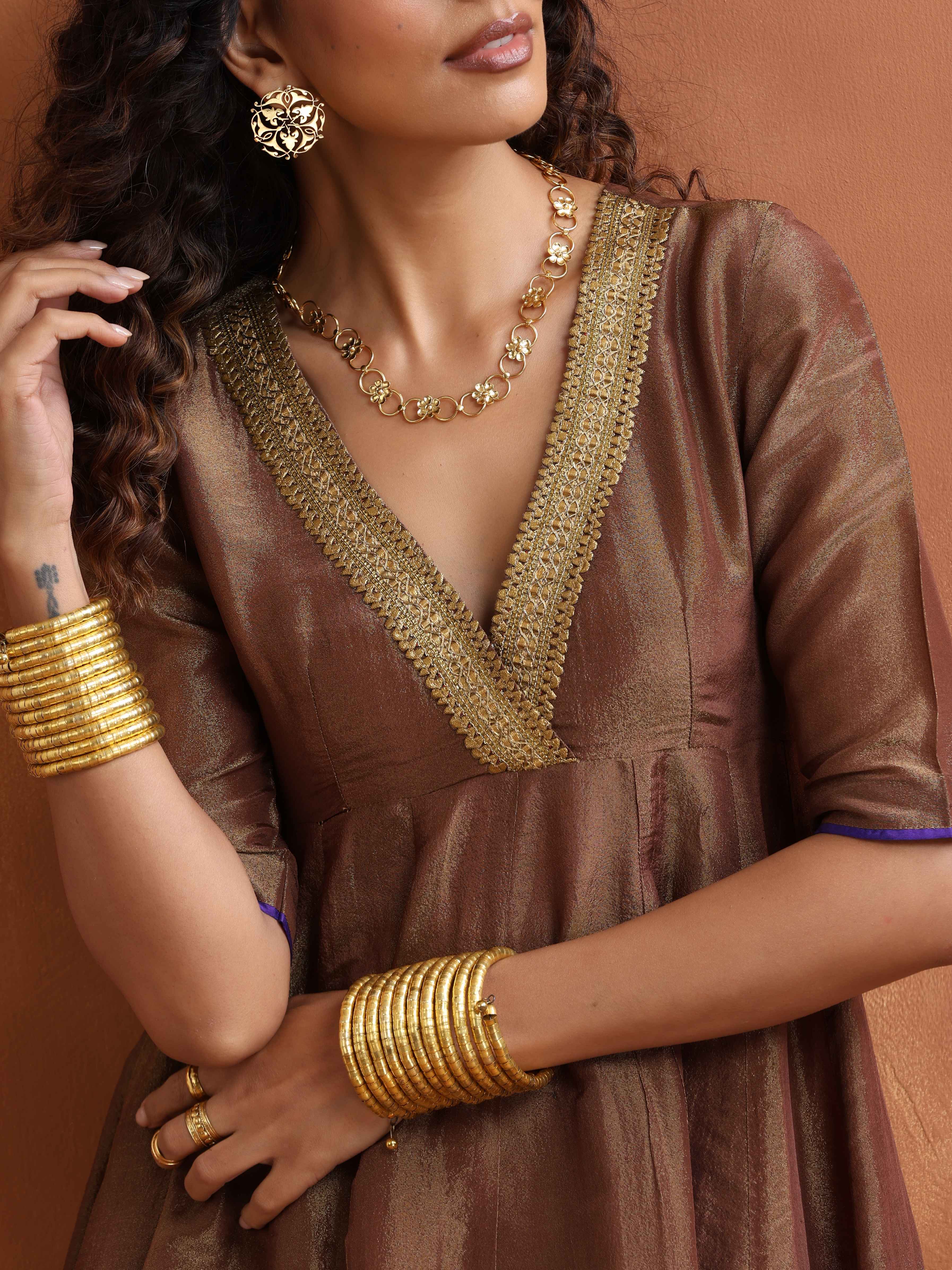 trueBrowns Bronze Tissue Flared Anarkali Kurta Set - Distacart