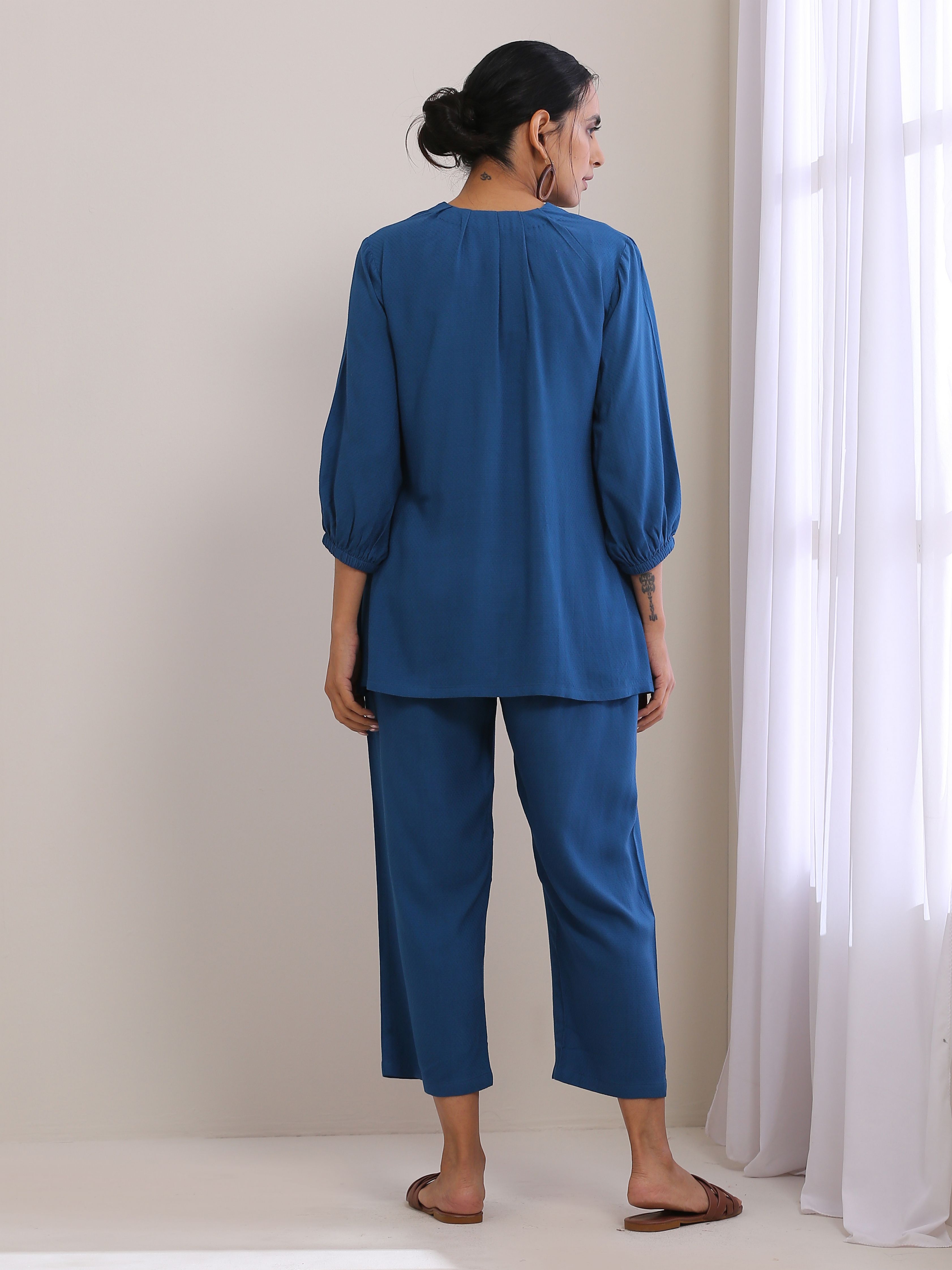 trueBrowns Classic Blue Dobby Pleated Co-Ord Set - Distacart