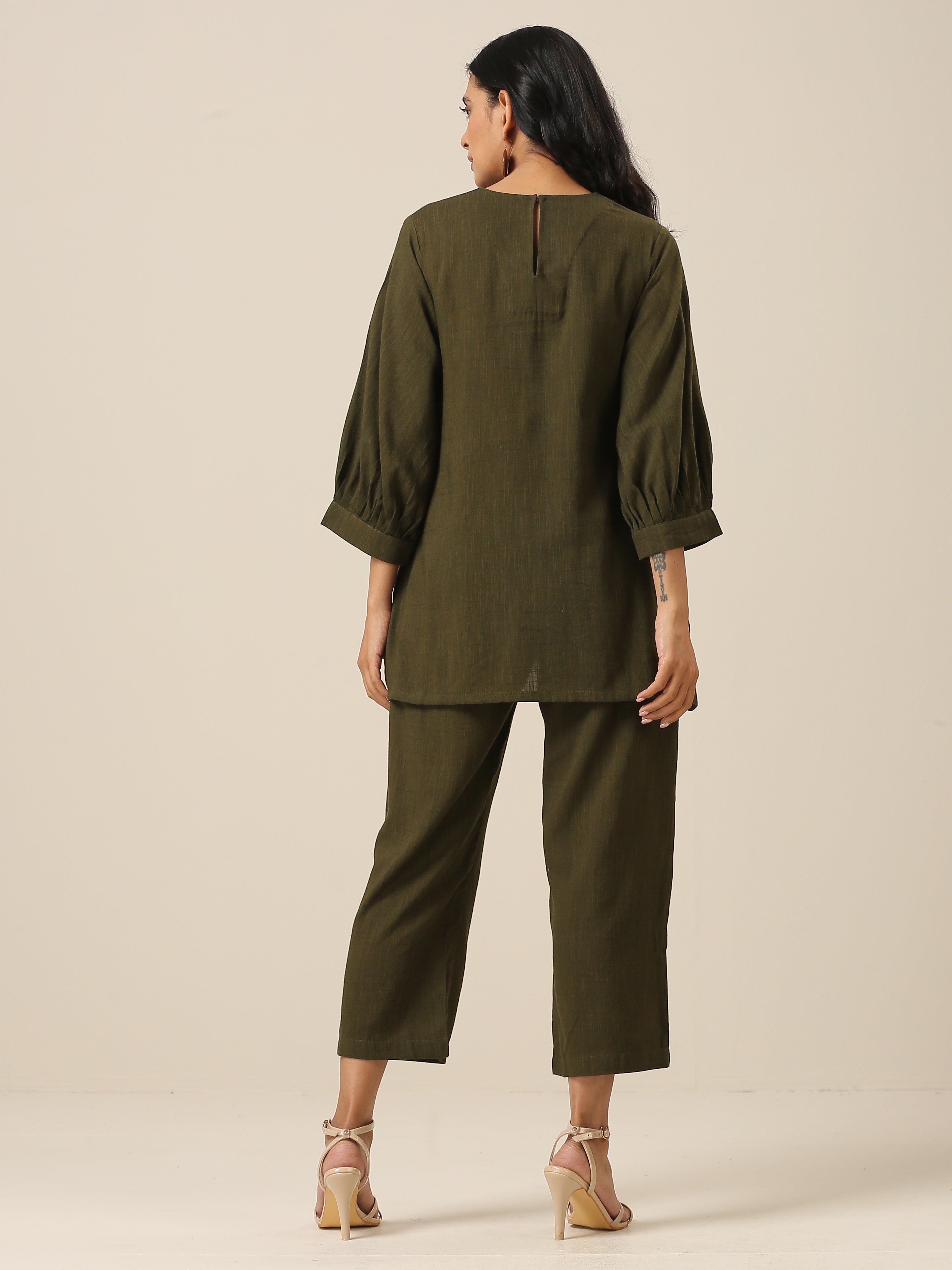 trueBrowns Olive Green Slub Texture Baggy Sleeve Co-Ord Set - Distacart
