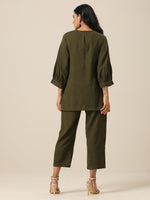 Thumbnail for trueBrowns Olive Green Slub Texture Baggy Sleeve Co-Ord Set - Distacart
