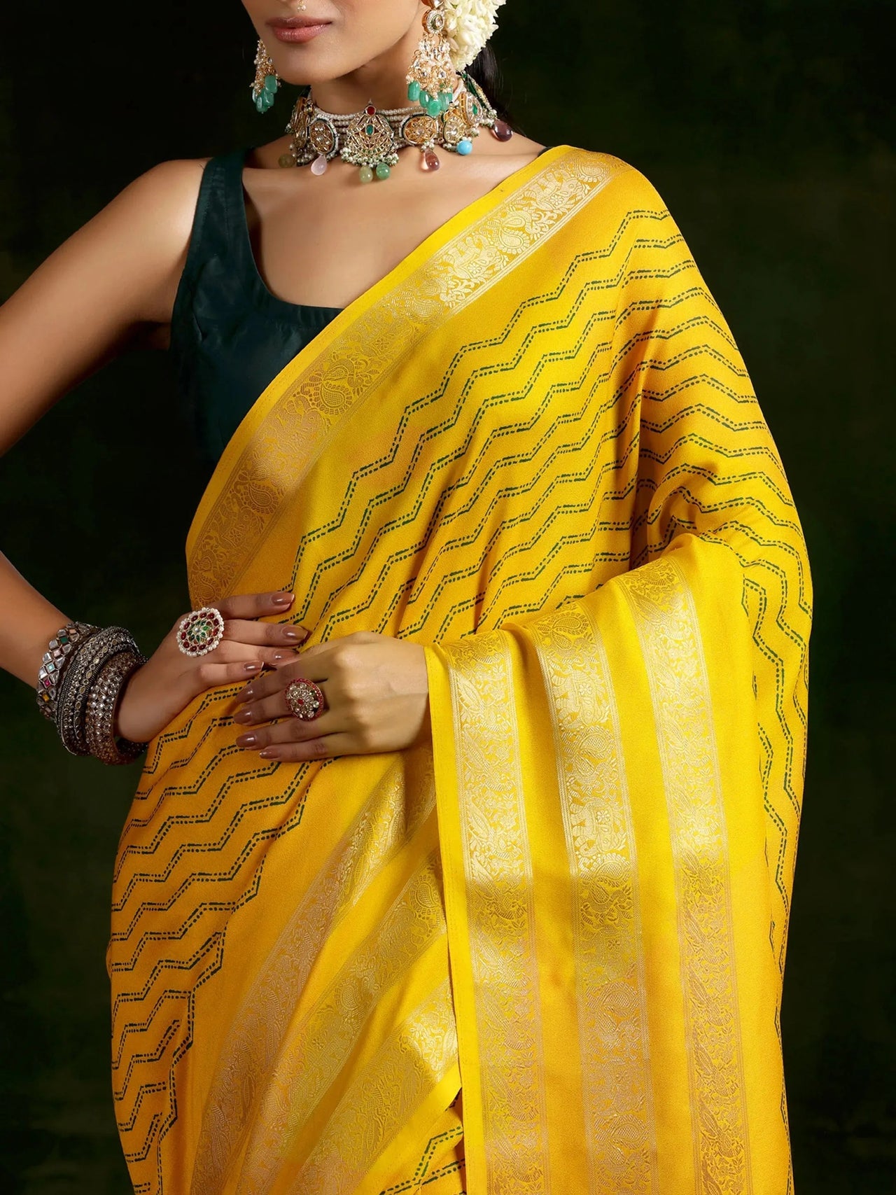 Libas Mustard Printed Silk Blend Saree With Unstitched Blouse Piece