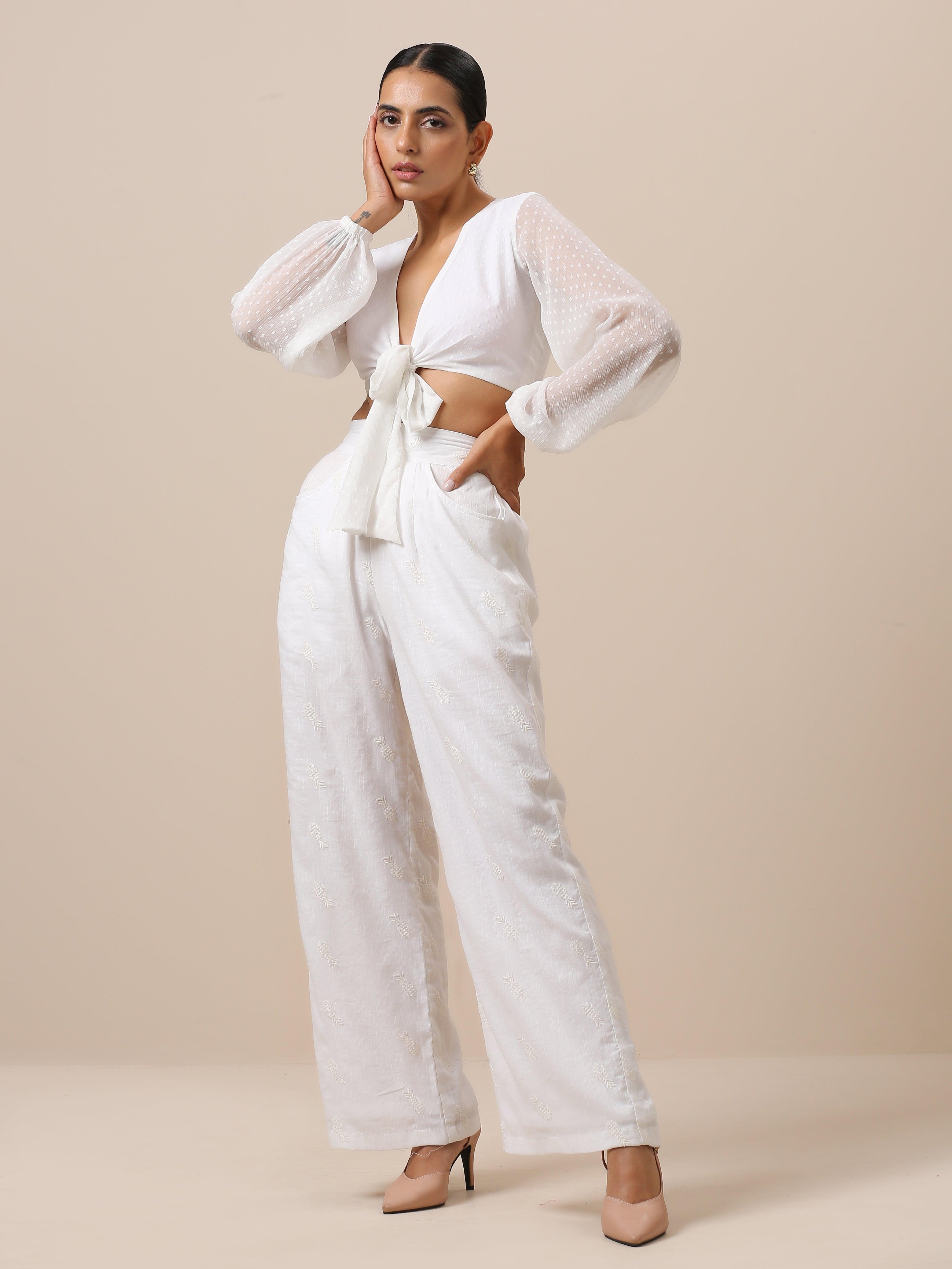 trueBrowns Chiffon White Dobby Tie Up Top - Distacart