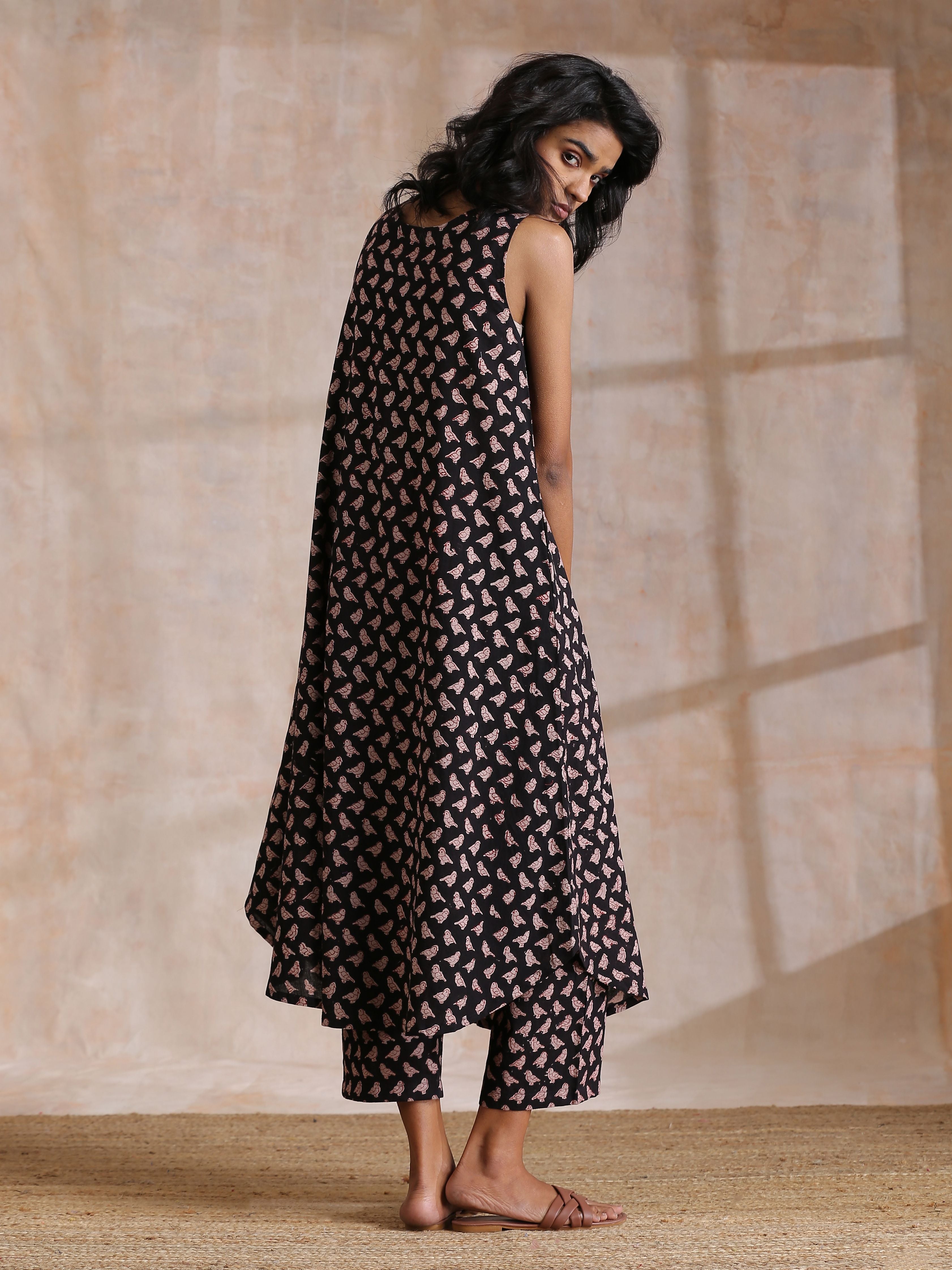 trueBrowns Black Bird Bagru Print Cotton Sleeveless Kurta Pant Set - Distacart