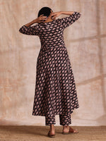 Thumbnail for trueBrowns Black Floral Bagru Print Cotton Flared Kurta Pant Set - Distacart