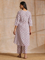 Thumbnail for trueBrowns White With Pink Blue Floral Block Print Cotton Flared Slit Kurta Pant Set - Distacart