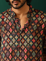 Thumbnail for trueBrowns Men's Black Ikat Muslin Silk Printed Co-ord Set - Distacart